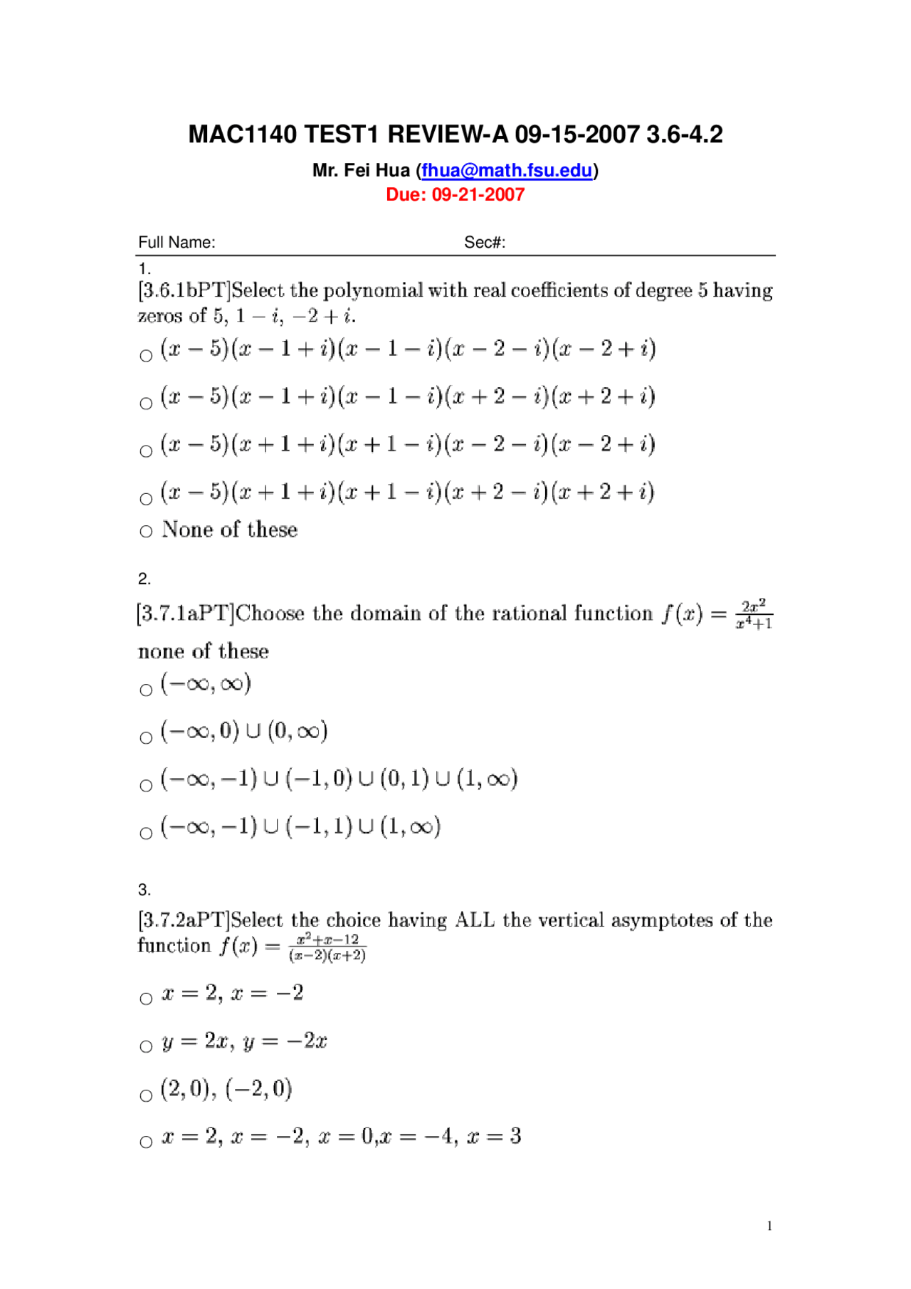 Exam 1 Test Review - Precalculus Algebra | MAC 1140 - Docsity