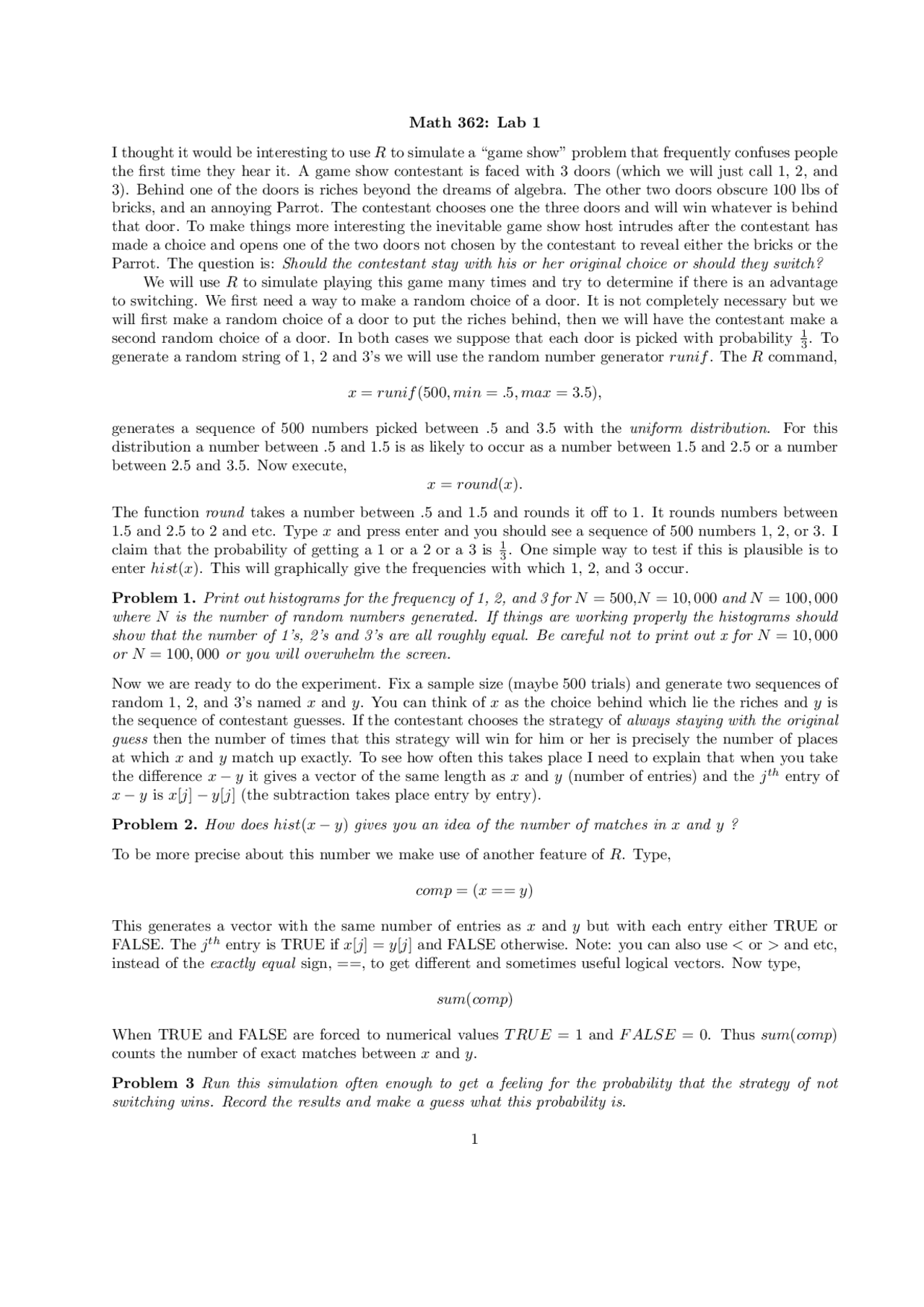 Lab 1 0n Introduction to Probability Theory | MATH 362 - Docsity