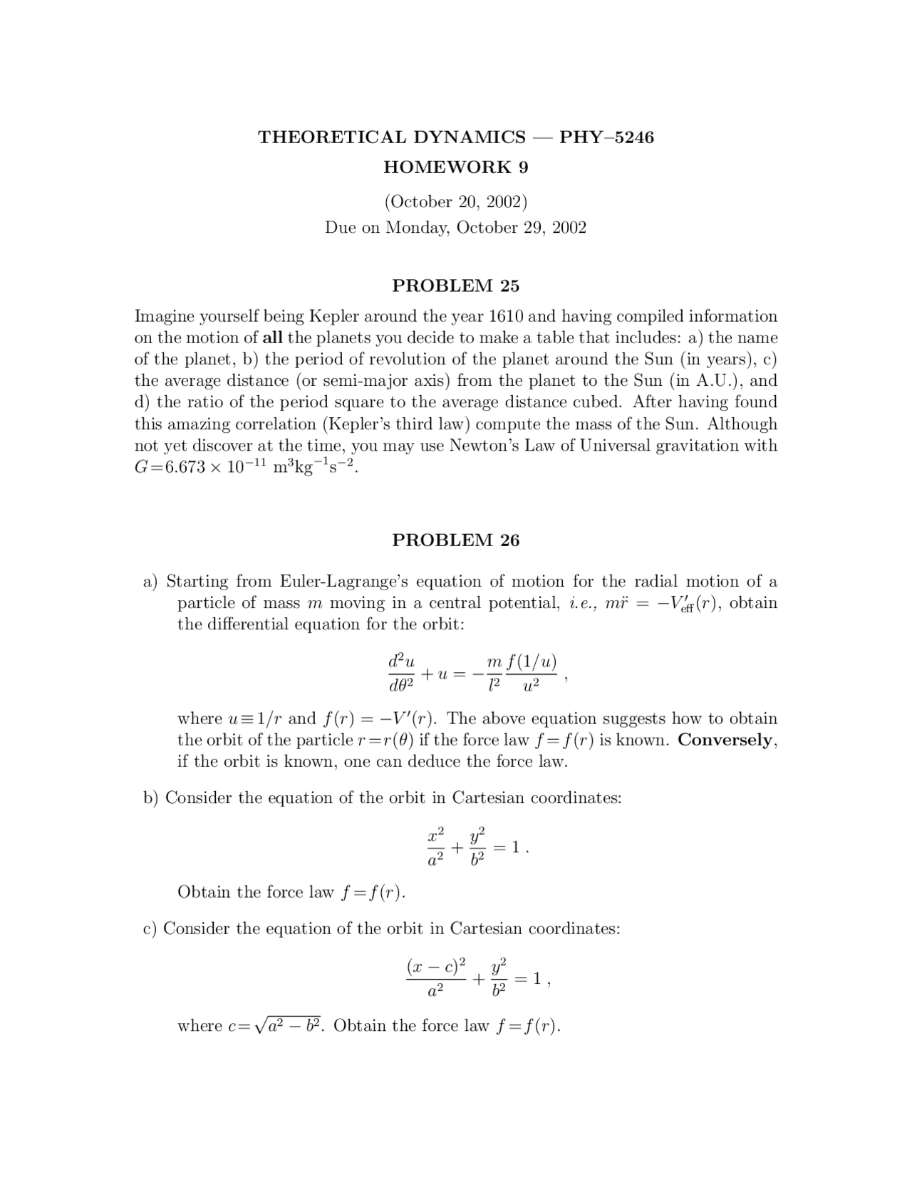 Theoretical Dynamics Practice Problems For Homework 9 Phy 5246 Docsity