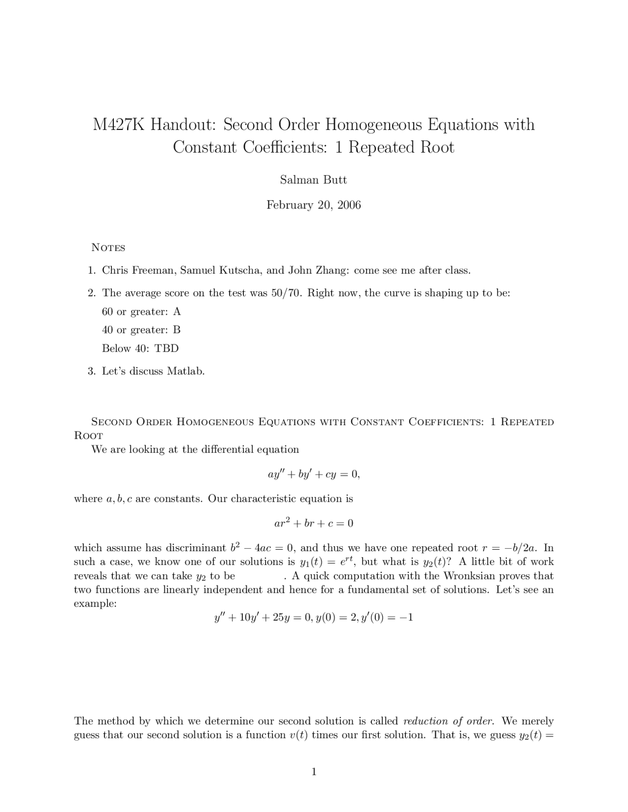 Handout: Second Order Homogeneous Equations with Constant Coefficient ...