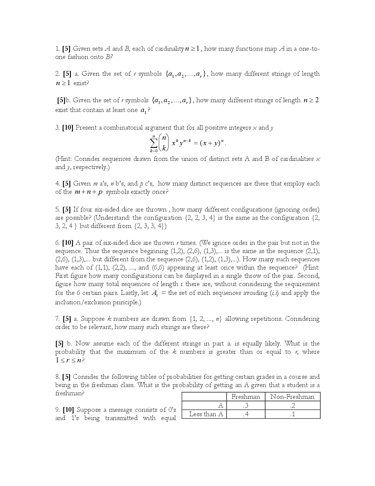 Combinatorics Problems: Functions, Strings, and Probabilities | Exams ...