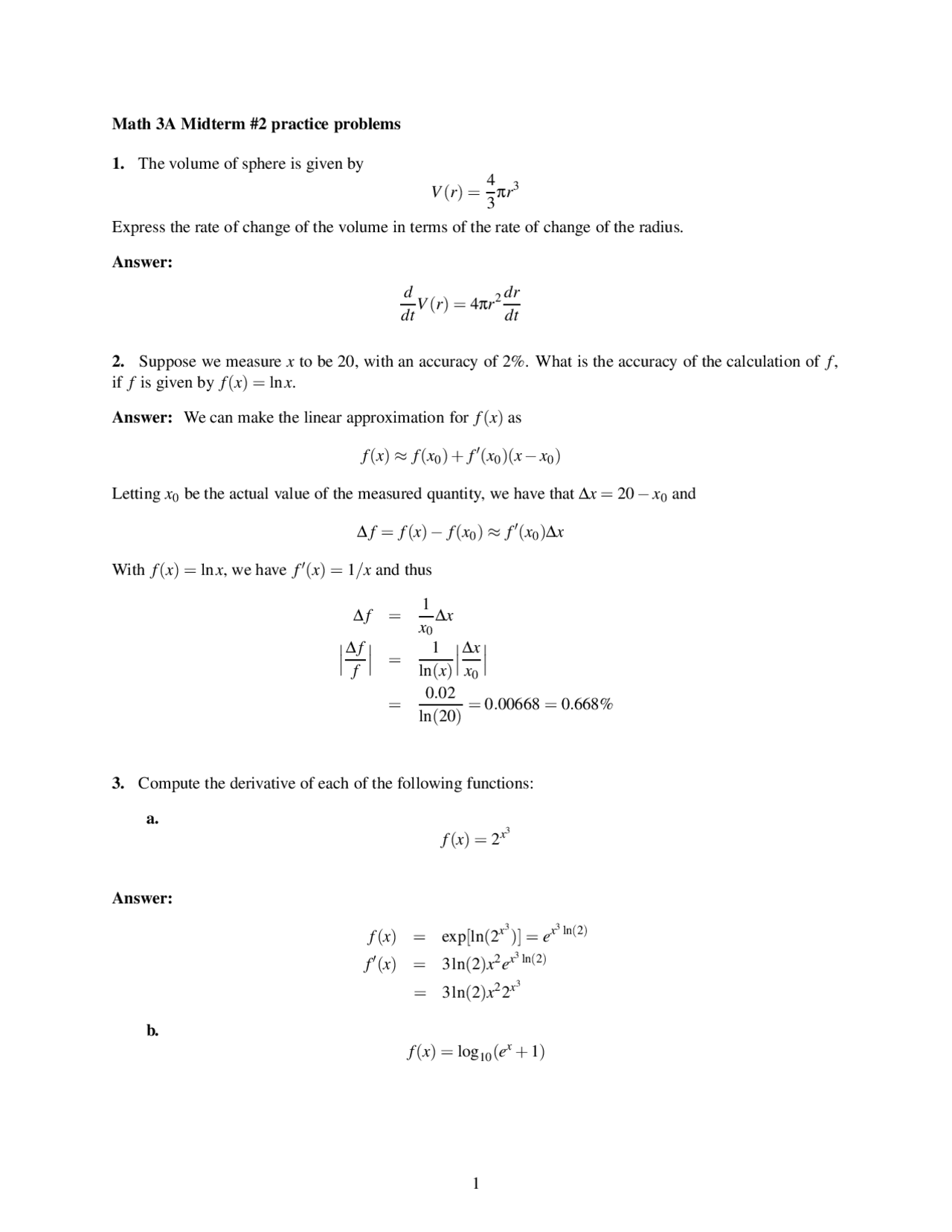 Math 3A Midterm 2 Practice Problems: Derivatives and Approximations ...