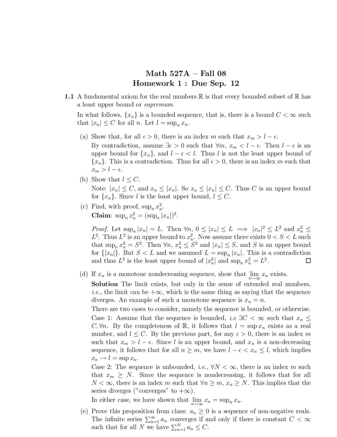 Homework 1 with Solutions - Principles of Analysis | MATH 527A - Docsity