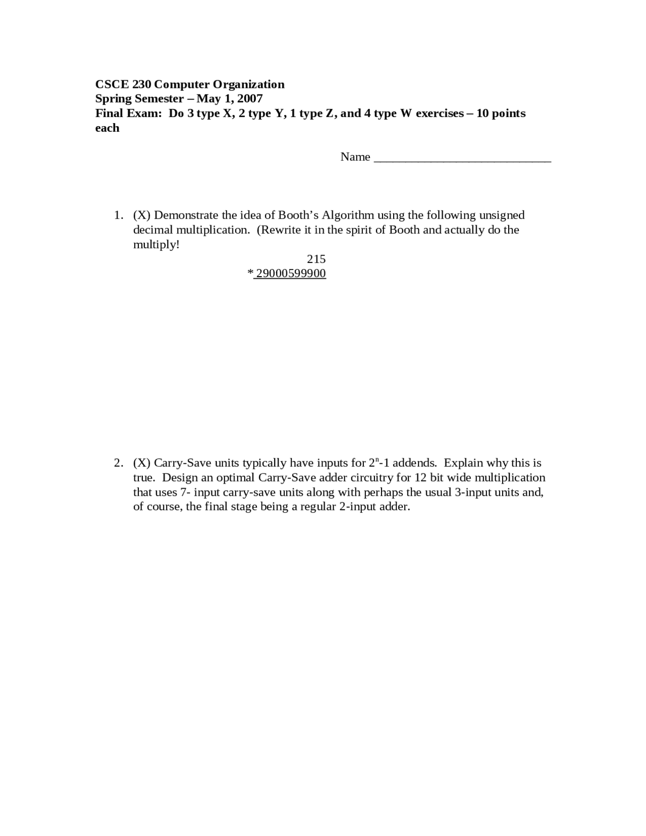 CSCE 230 Computer Organization - Final Exam Questions | Exams Computer ...