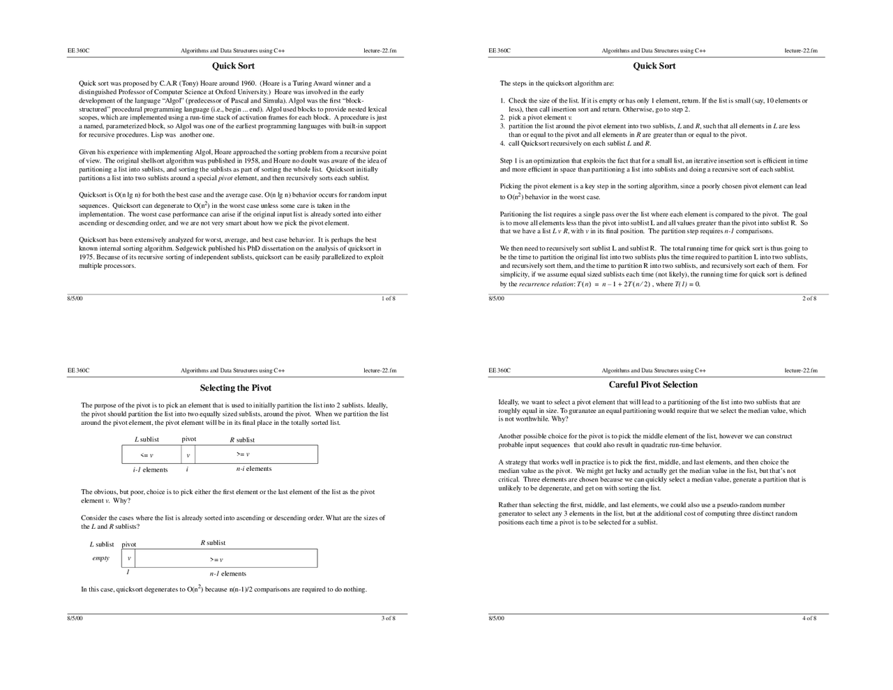 Lecture Notes on Quick Sort - Algorithms and Data Structures Using C++ ...