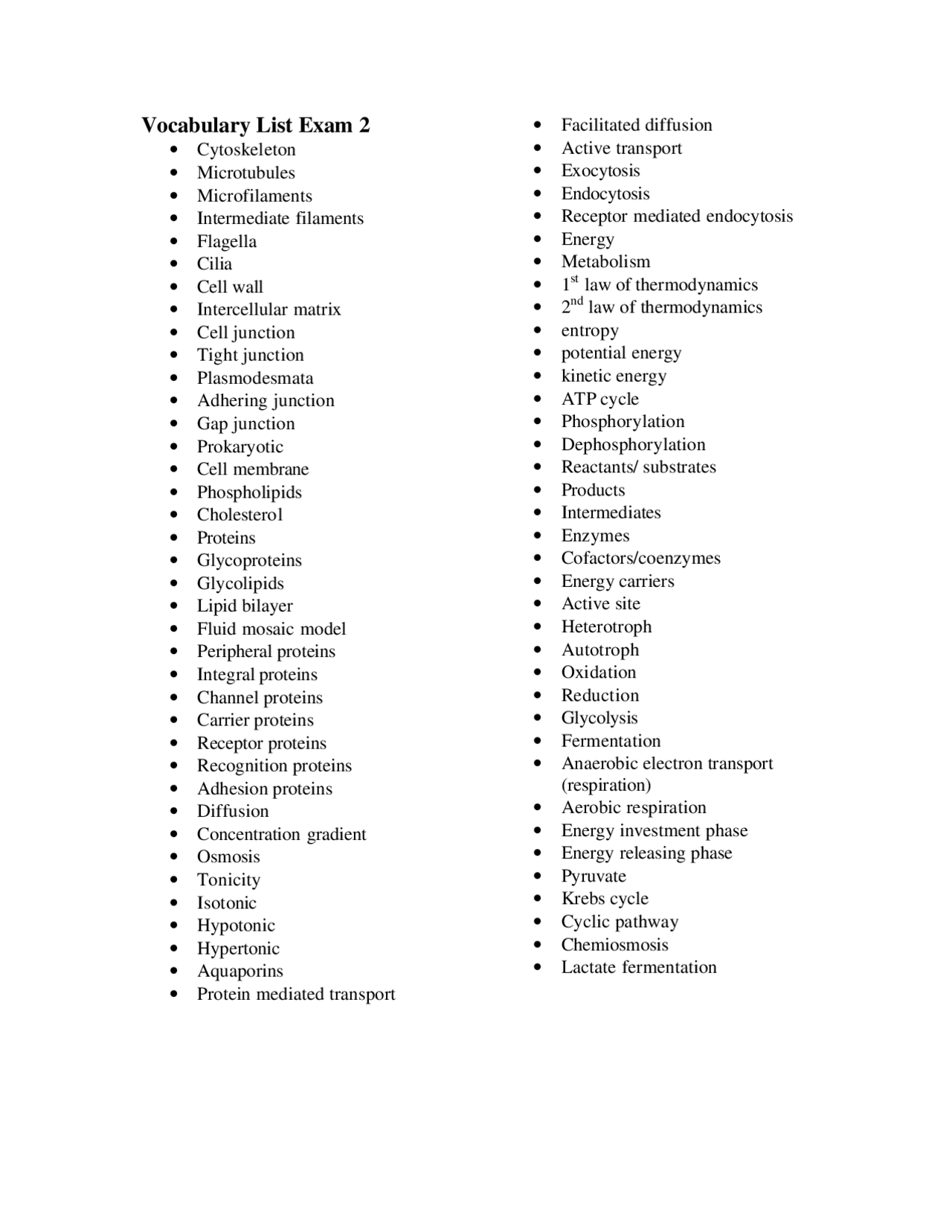 Laboratory - Vocabulary for Exam 2 Terms | BIO 1101 - Docsity