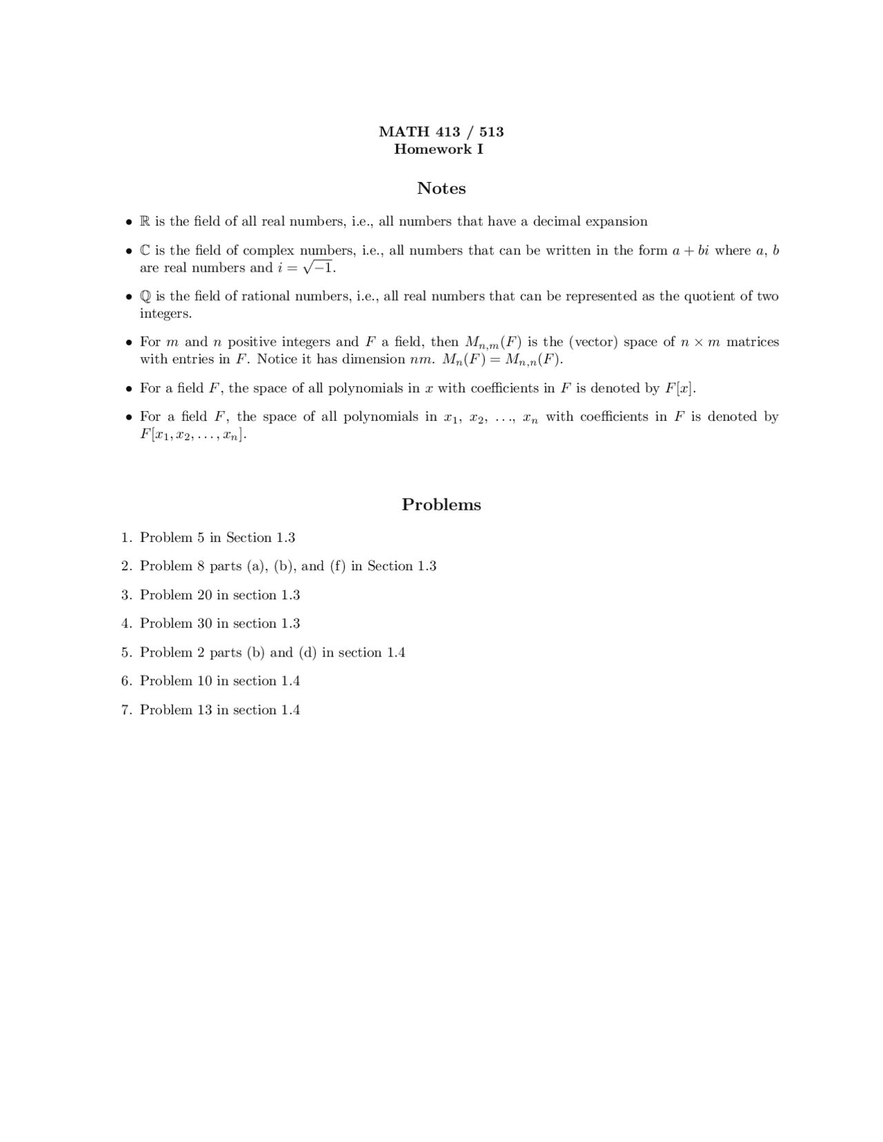 Math Homework University Problems on Linear Algebra - Homework One | MATH 413 - Docsity
