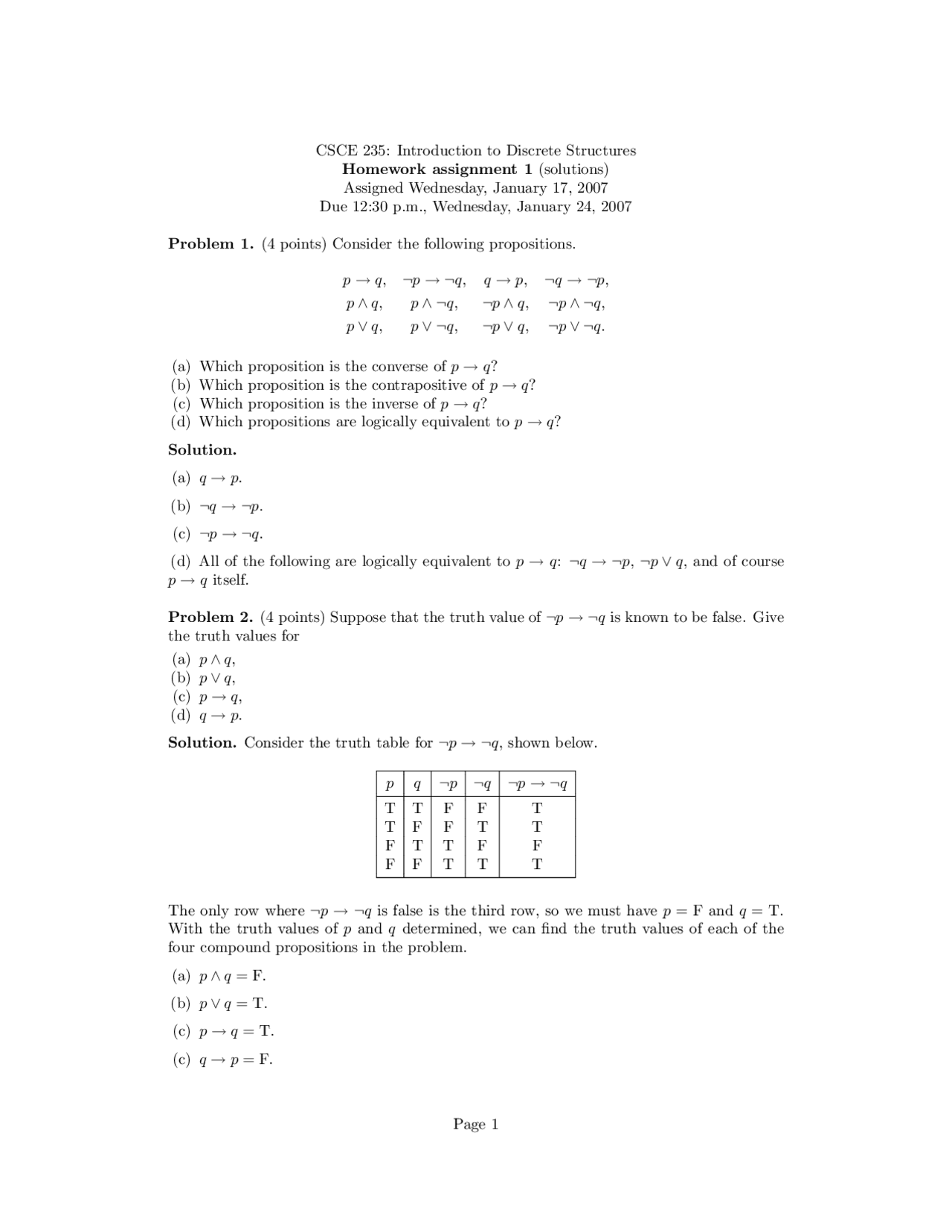 Homework Assignment 1 Solutions for Introduction to Discrete Structures ...