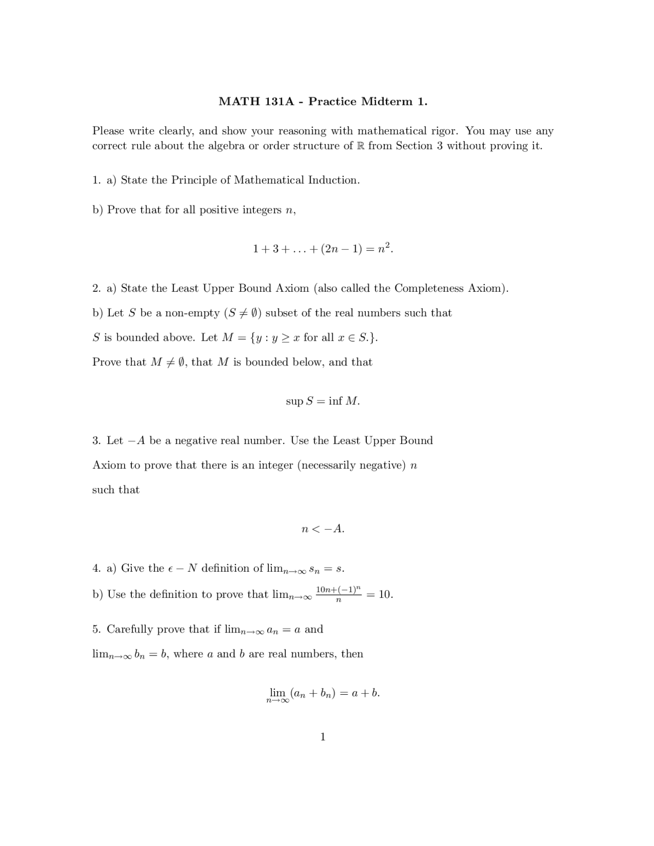Practice Midterm 1 Questions - Analysis | MATH 131A - Docsity