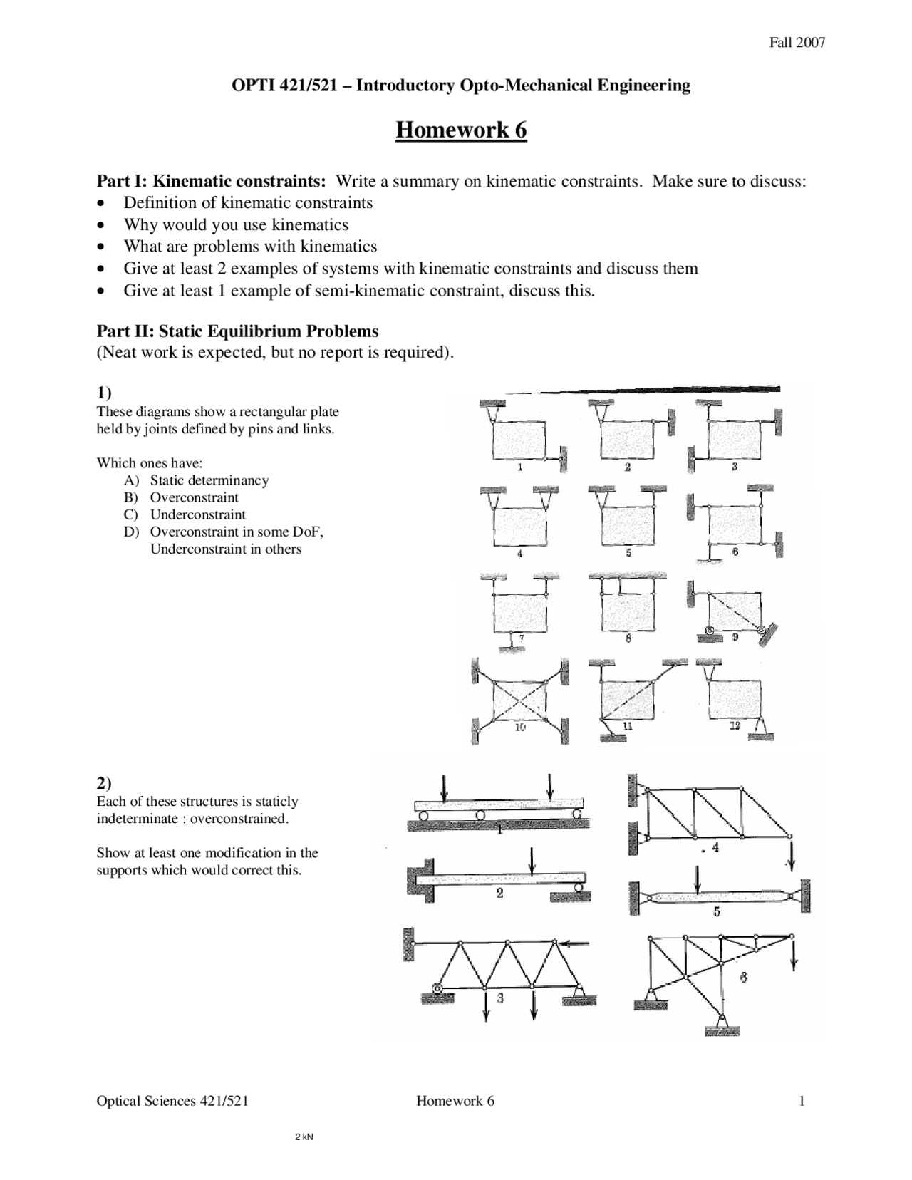 Kinematic Constraints and Static Equilibrium Assignment 6 OPTI 421