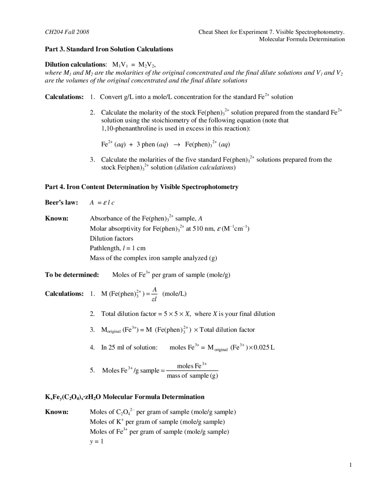 Cheat Sheet for Experiment 7 - Molecular Formula Determination | CH 204 ...