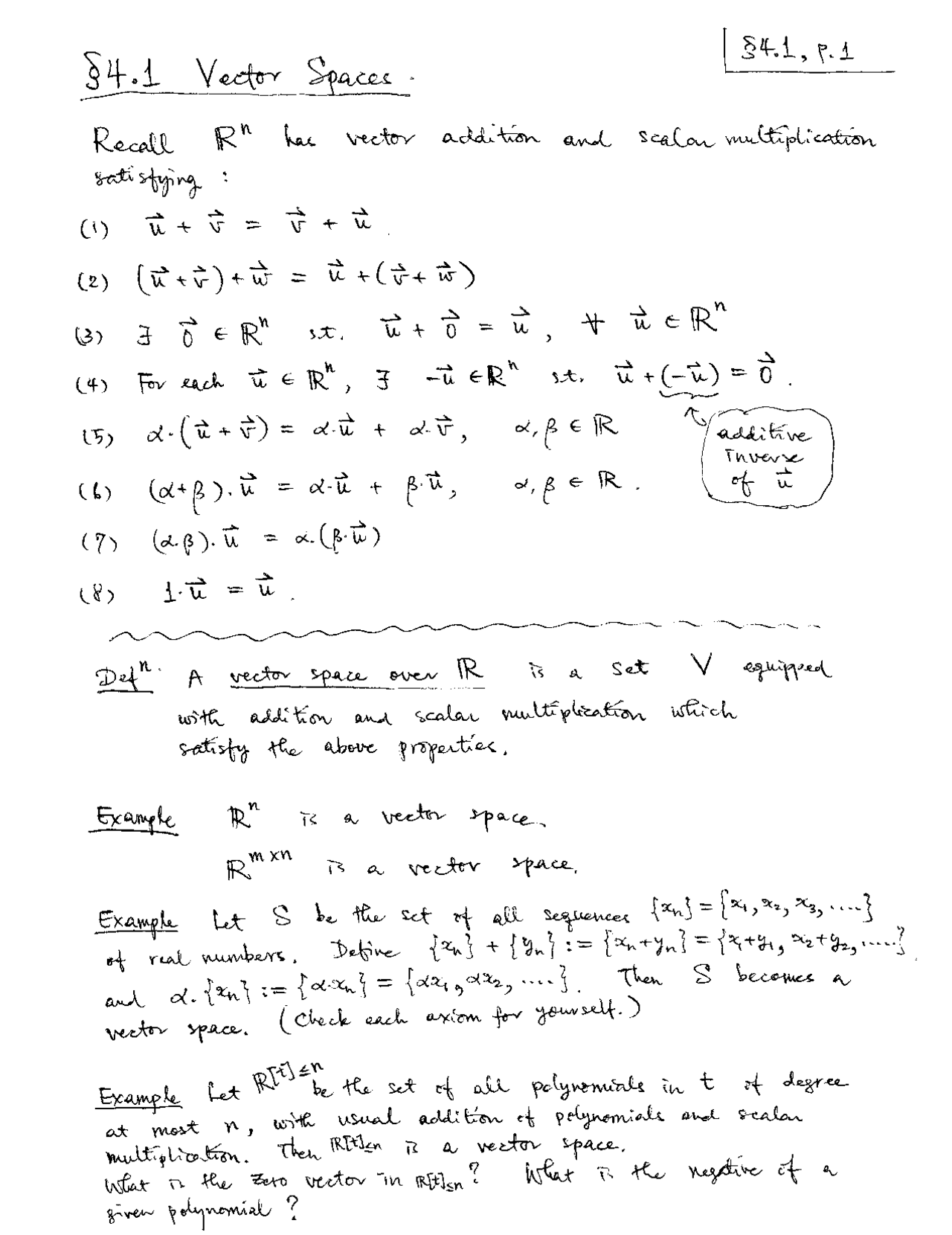 Notes on Vector Space and Examples - Matrix Calculation | M 340L - Docsity