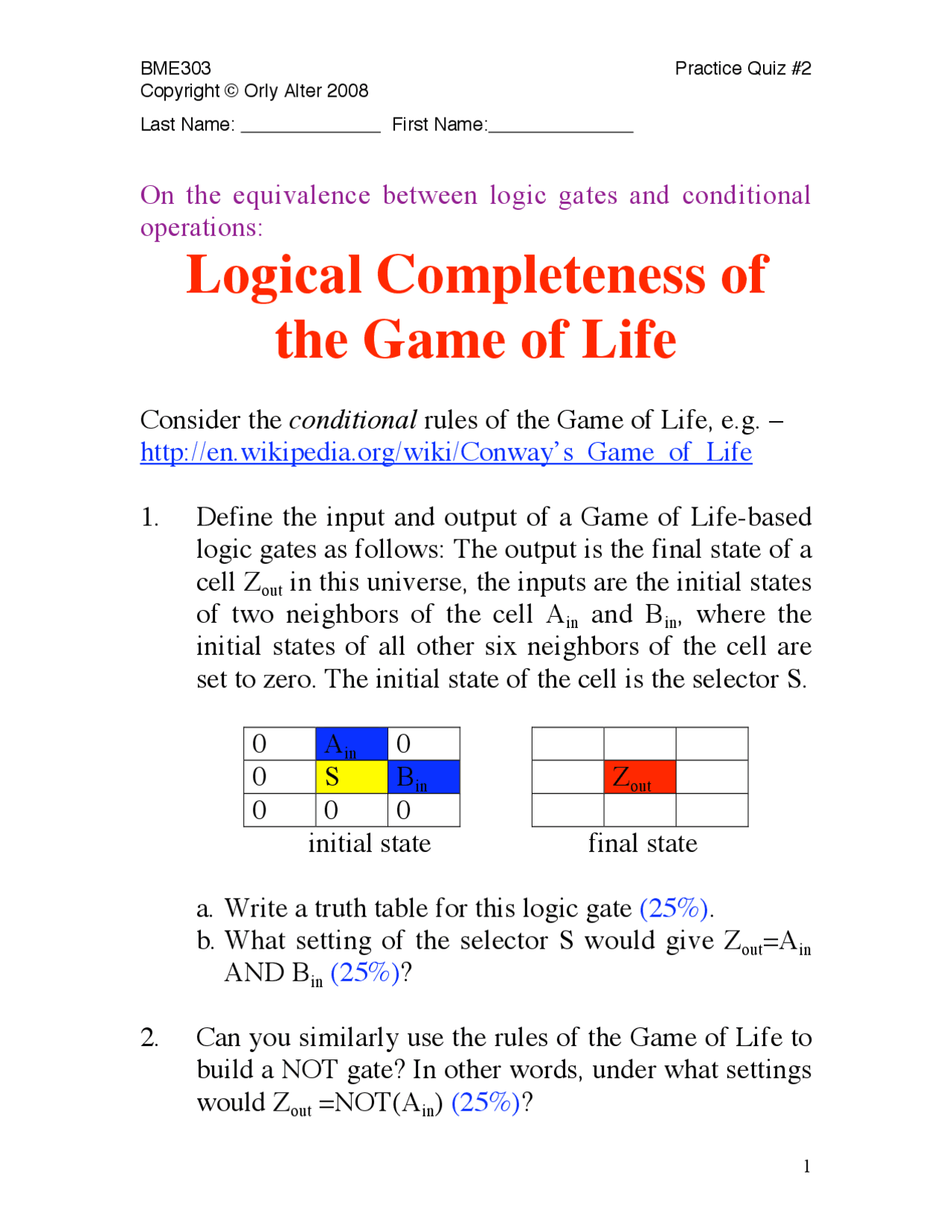 Logical Completeness of the Game of Life Quiz 2 BME 303 Docsity