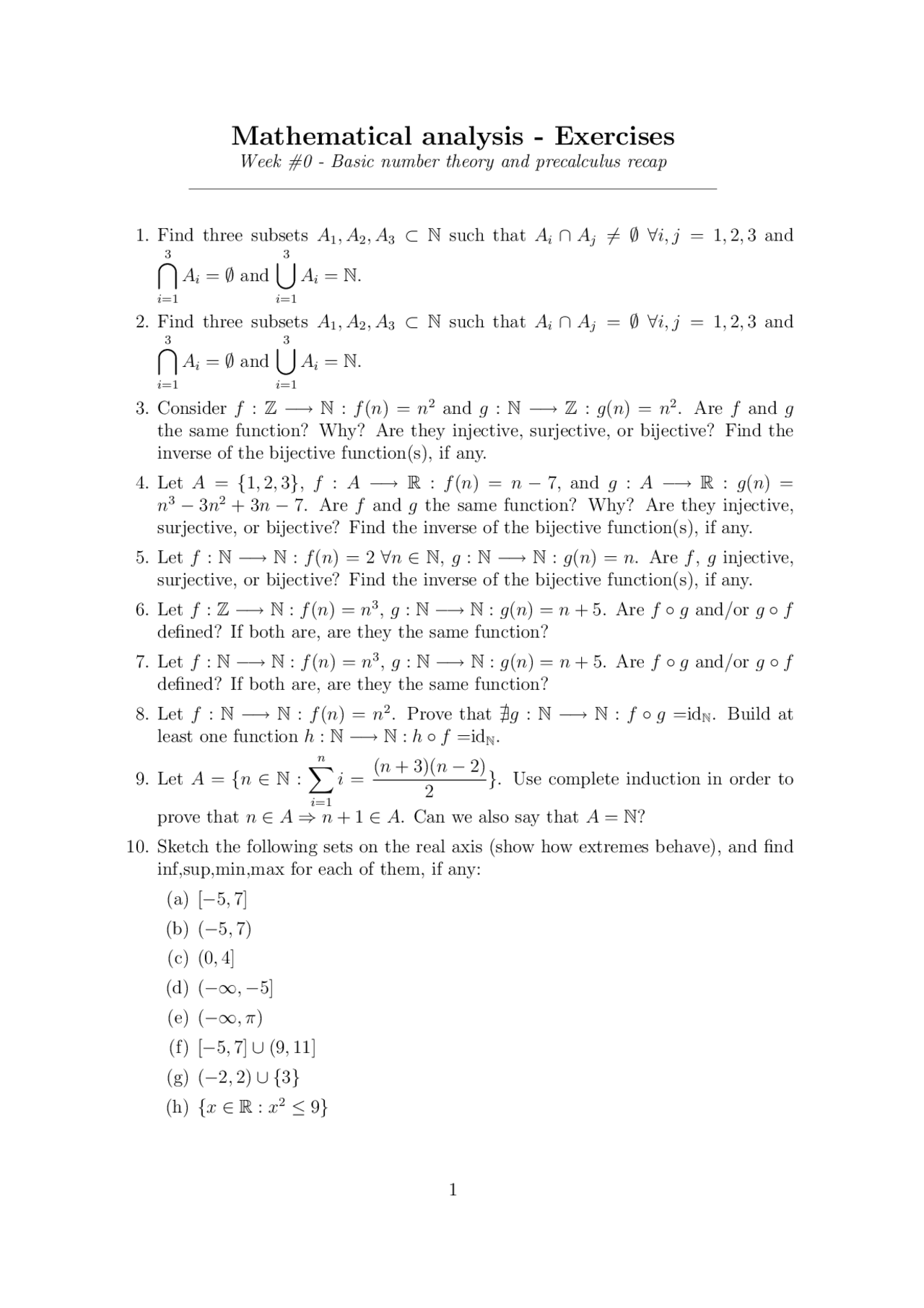 Mathematical analysis - Exercises - Docsity