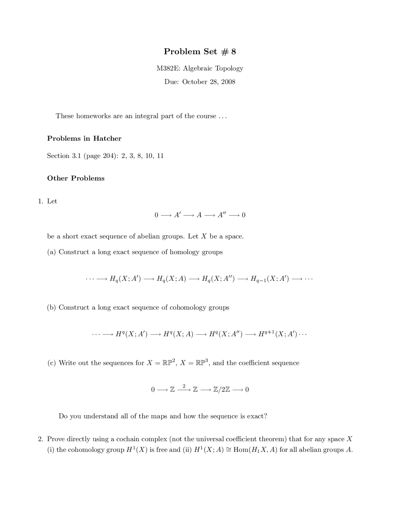 4 Problems on Algebraic Topology - Problem Set 7 | M 382C - Docsity