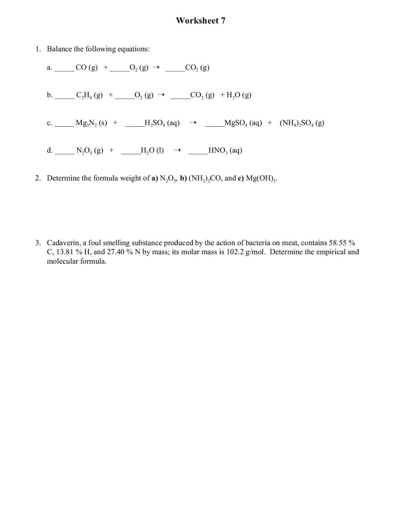 General Chemistry - Worksheet 7, Assignment | CH 221 - Docsity