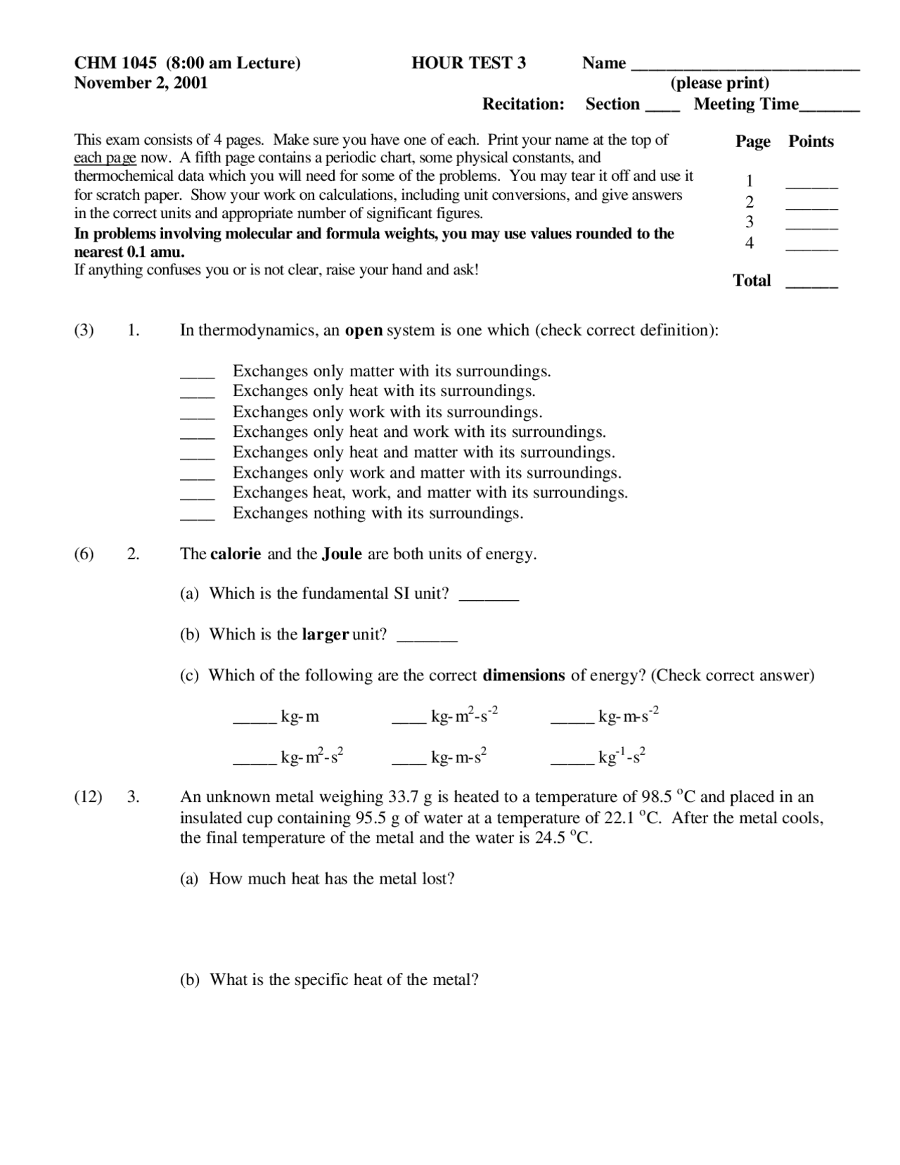 Questions for Exam 3 - General Chemistry I | CHM 1045 - Docsity