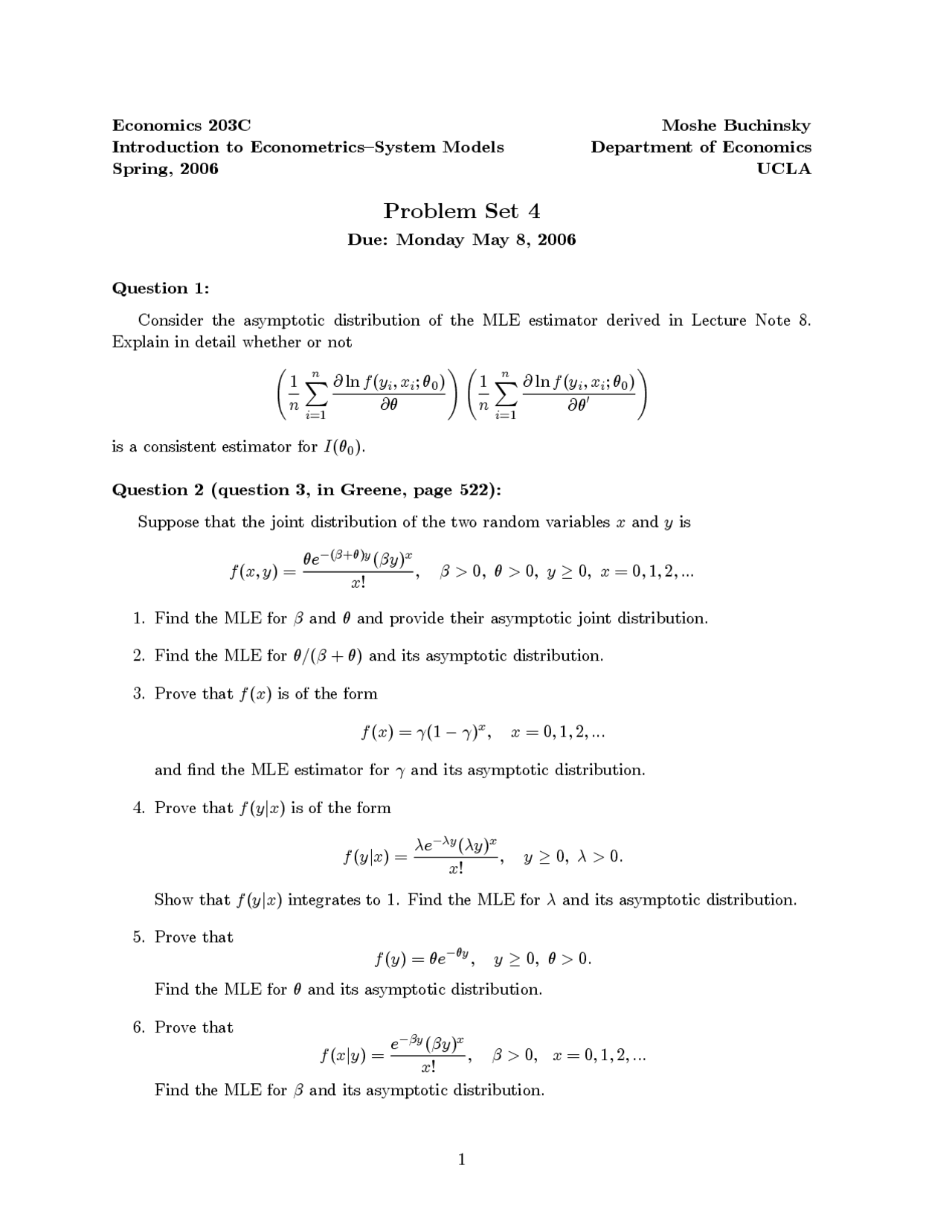 Introduction to Econometrics Systems Models - Problem Set 4 | ECON 203A ...