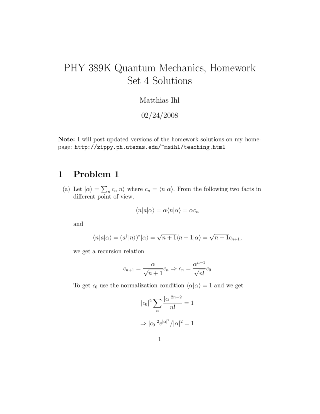 2 Solved Problems on Quantum Mechanics - Homework 4 | N 1 - Docsity