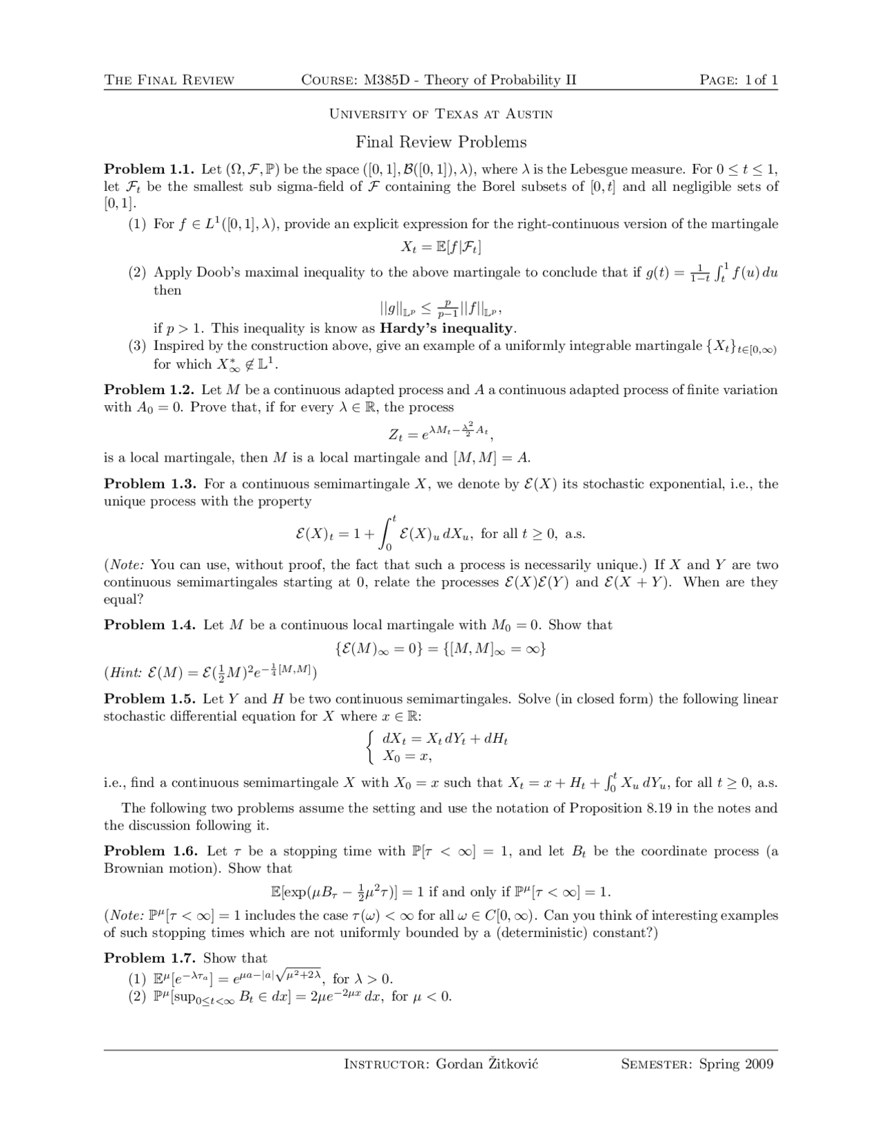 Final Review Problems - Theory of Probability | M 385C - Docsity