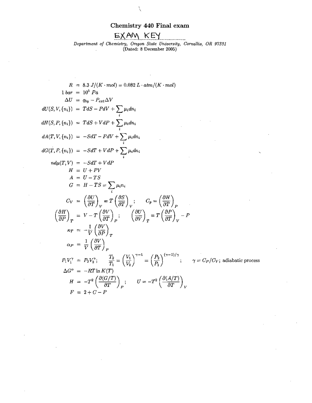 Final Exam Answers - Physical Chemistry | CH 440 | Exams Physical ...