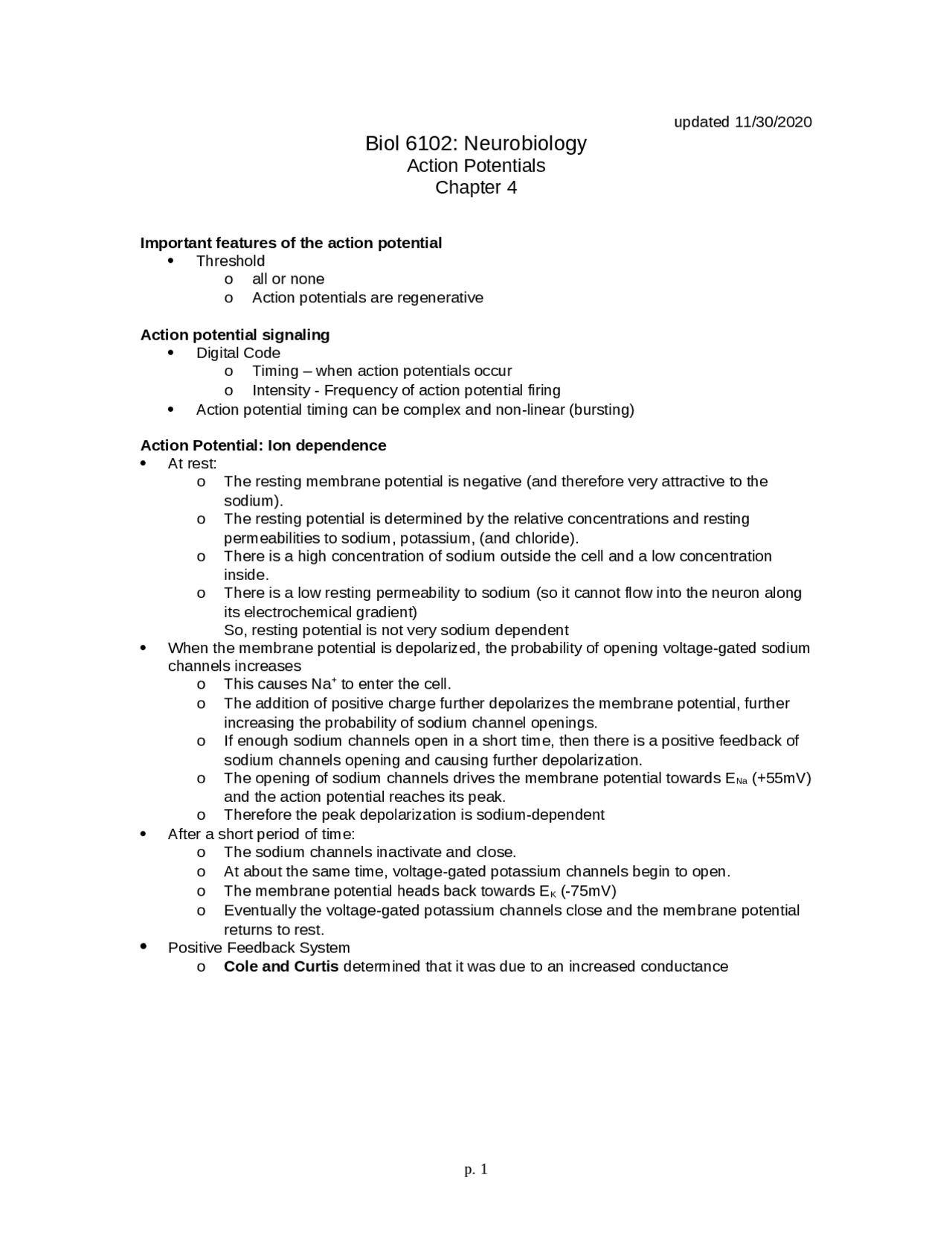 Action Potentials Review Notes.pdf Action Potentials in Neurobiology - Study Guide | BIOL 6102 - Docsity