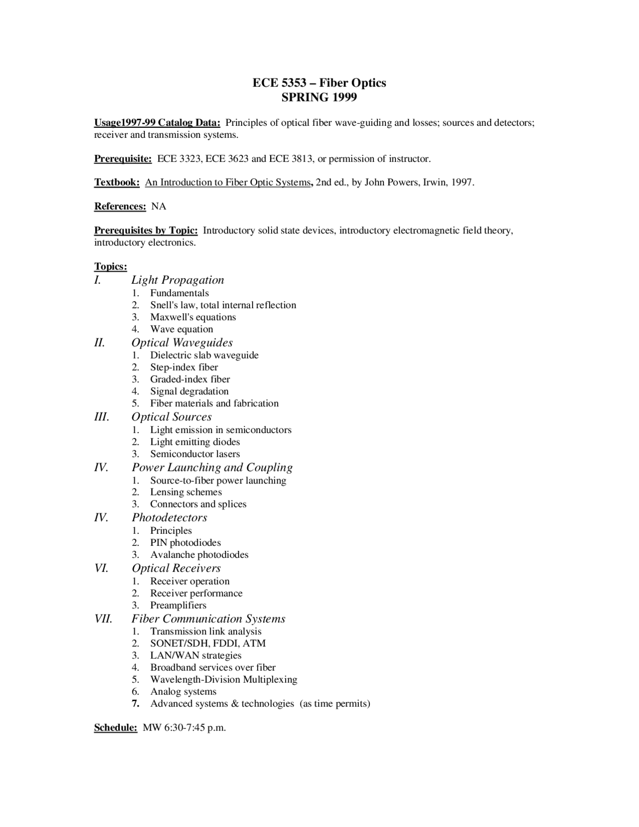 Catalog Data Fiber Optics Solid State Electronic Devices ECE 3323