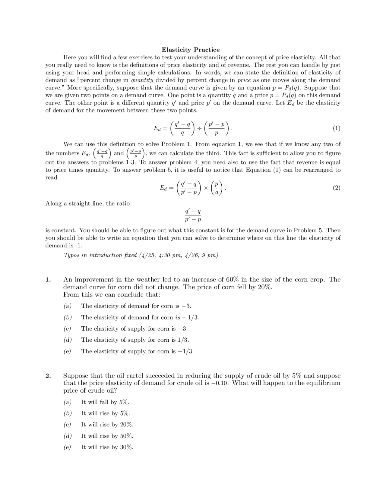 Elasticity Practice - Principles of Microeconomics | ECON 1 | Exams ...