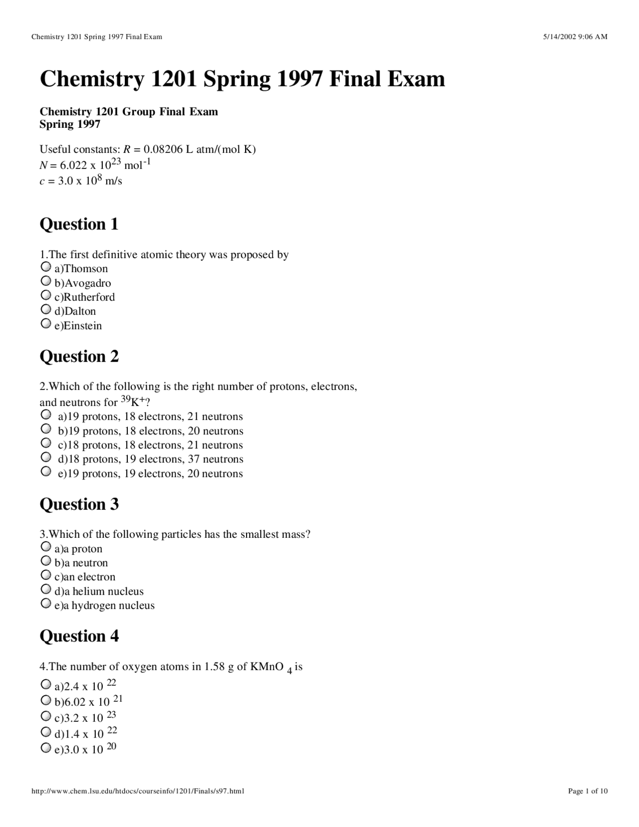 40 Multiple Choice with Answers - General Chemistry Exam | CHEM 1201 ...