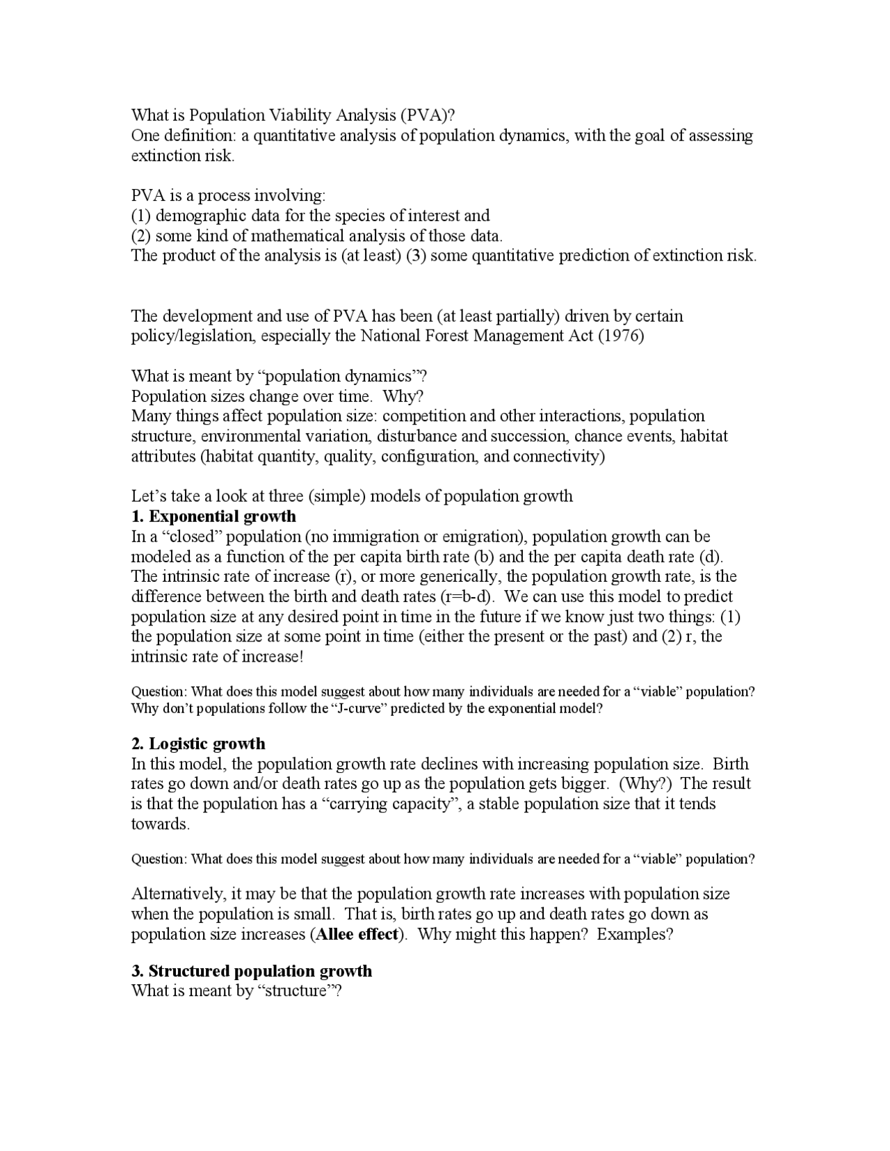 What is Population Viability Analysis (PVA) ECOL 406R Docsity