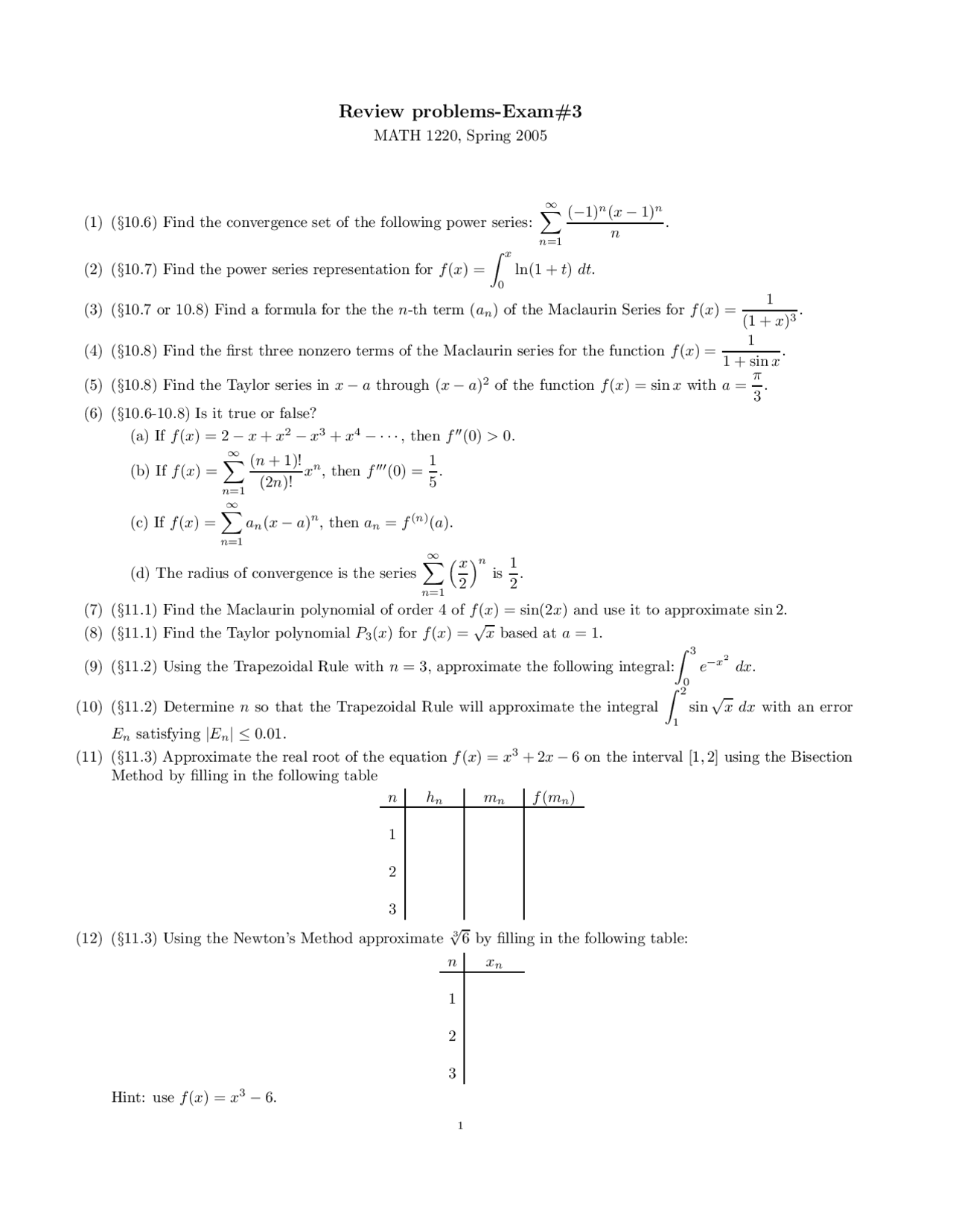 Review Problems Exam 3 - Calculus II | MATH 1220 - Docsity