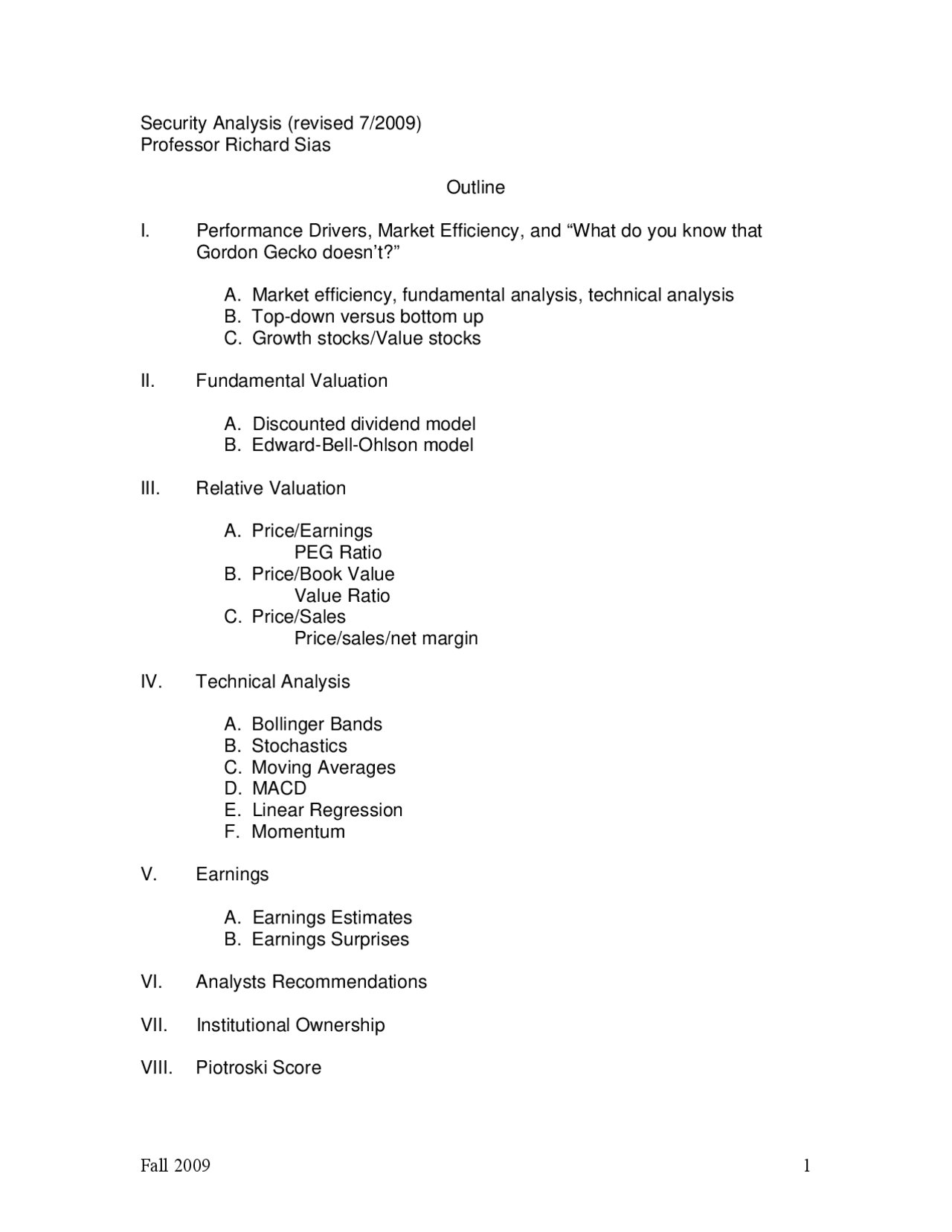 Security Analysis - Cougar Investment Fund I - Outlines | Fin 437 - Docsity