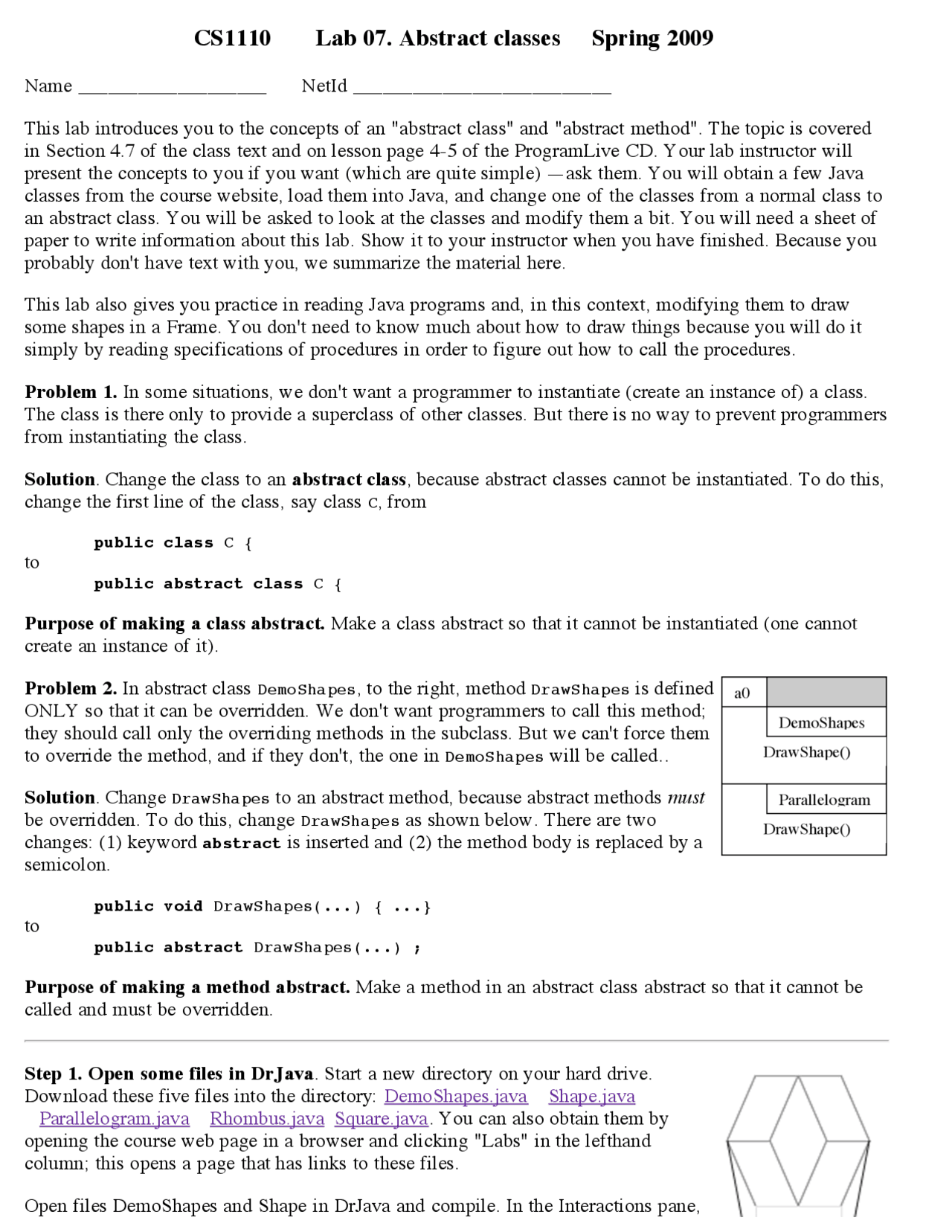 Abstract Problem Sheet Abstract Classes - Lab 7 - Solved Problems | CS 1110 - Docsity