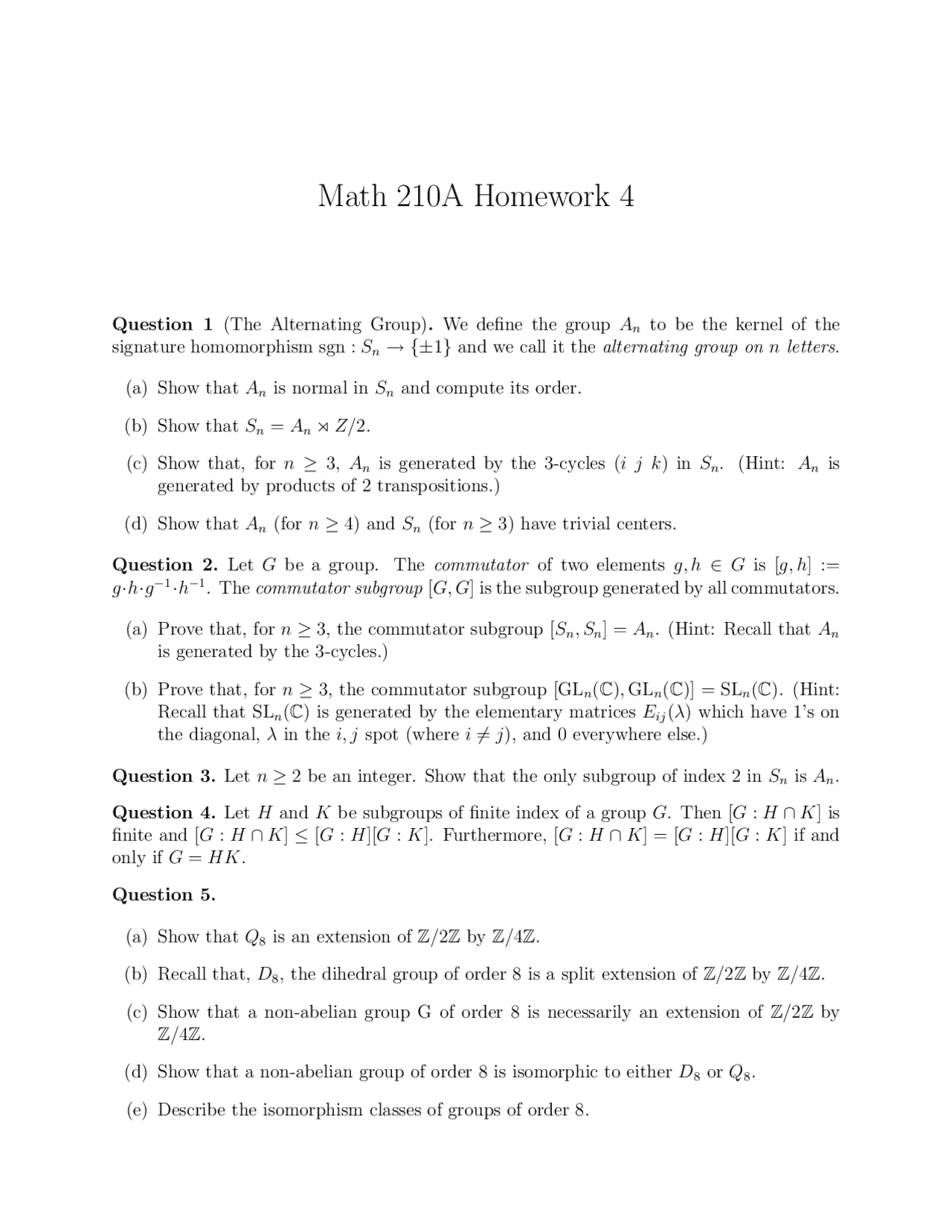 6 Questions On Algebra Assignment 4 Math 210a Docsity