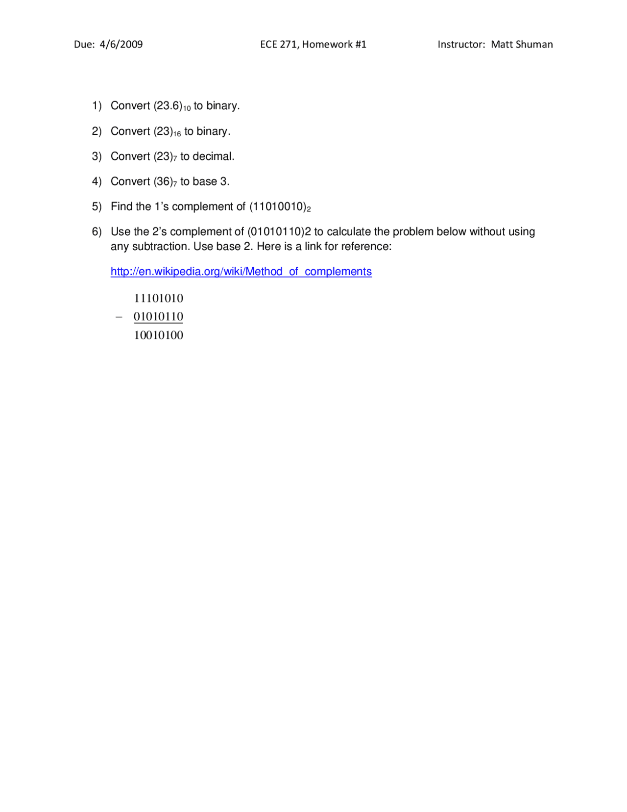 Assignment 1 Use of Complement - Digital Logic Design | ECE 271 - Docsity