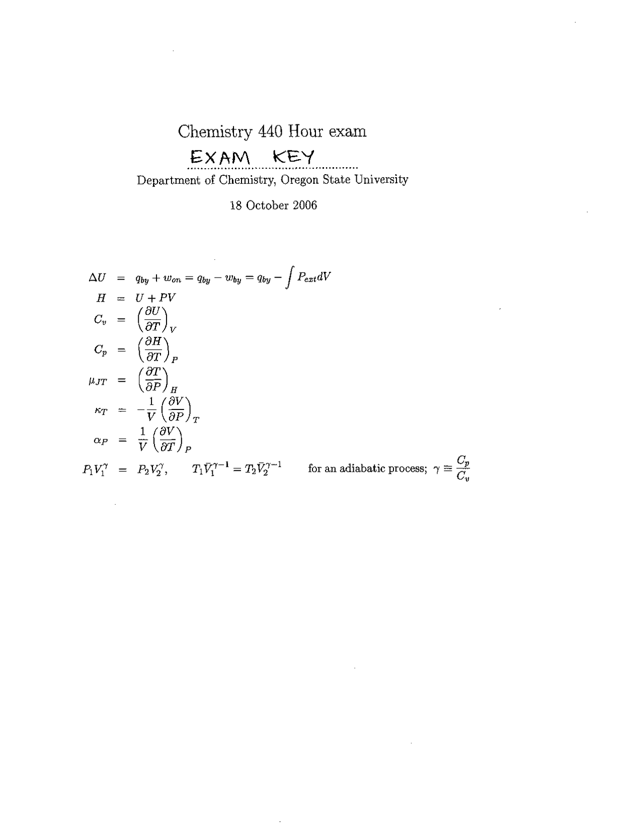 Exam Answers Key - Physical Chemistry | CH 440 | Exams Physical ...