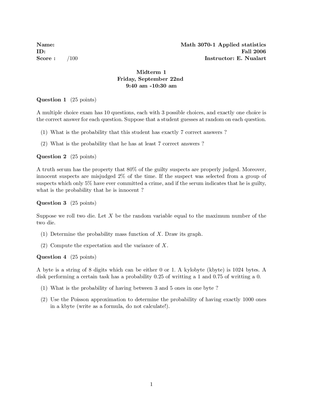 4 Problems for Midterm 1 - Applied Statistics I | MATH 3070 - Docsity