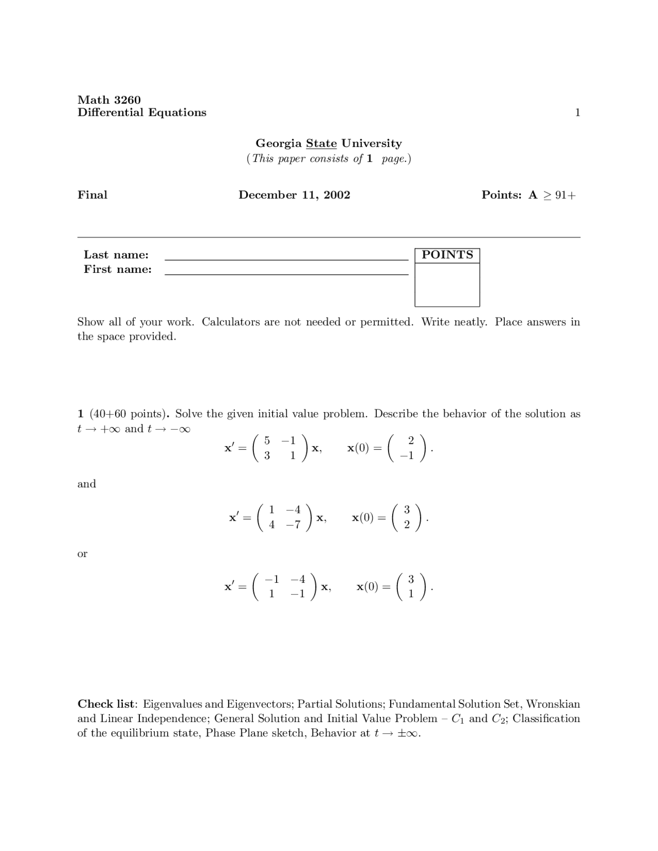 Differential Equations Final Exam 2002 MATH 3260 Docsity