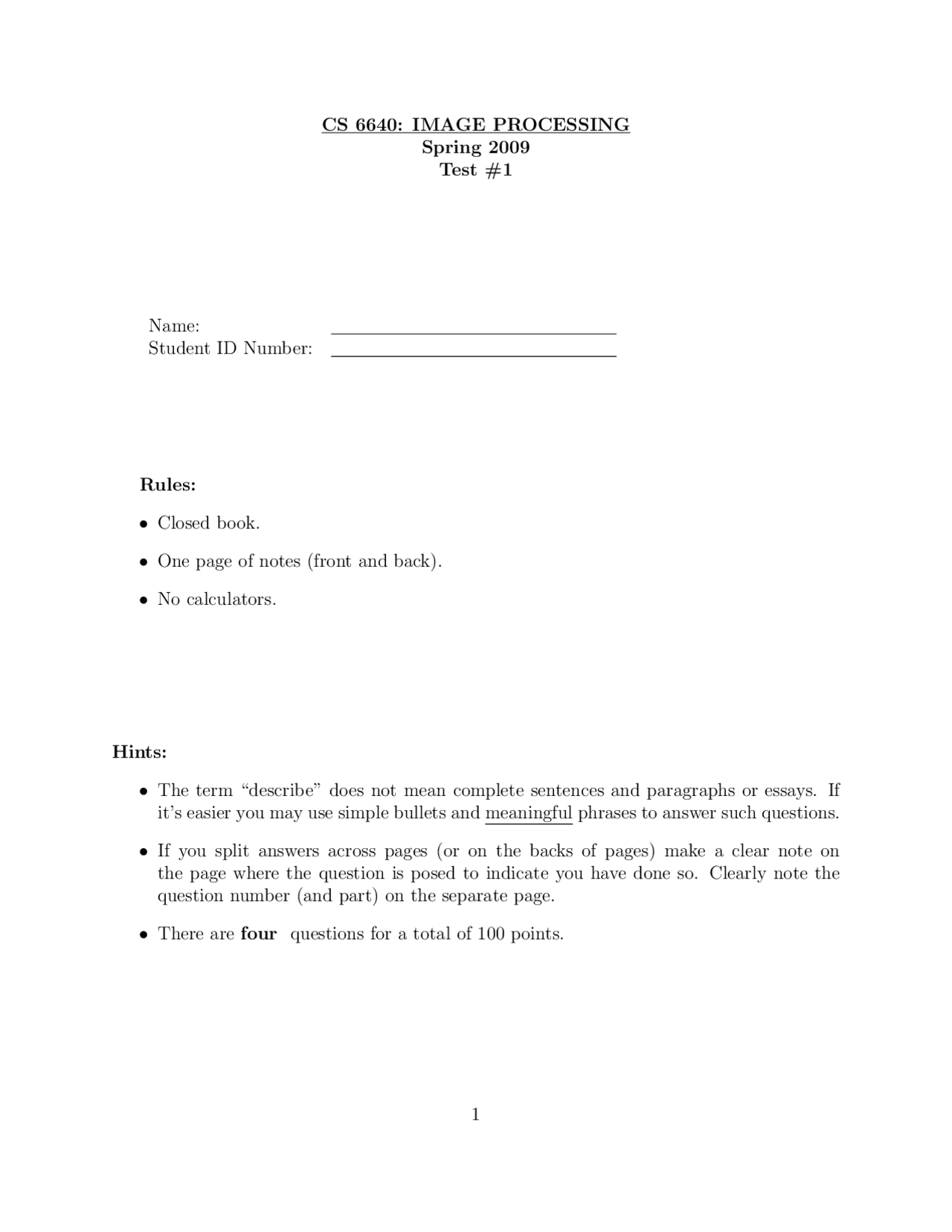 4 Questions of Image Processing - Exam 1 | CS 6640 - Docsity