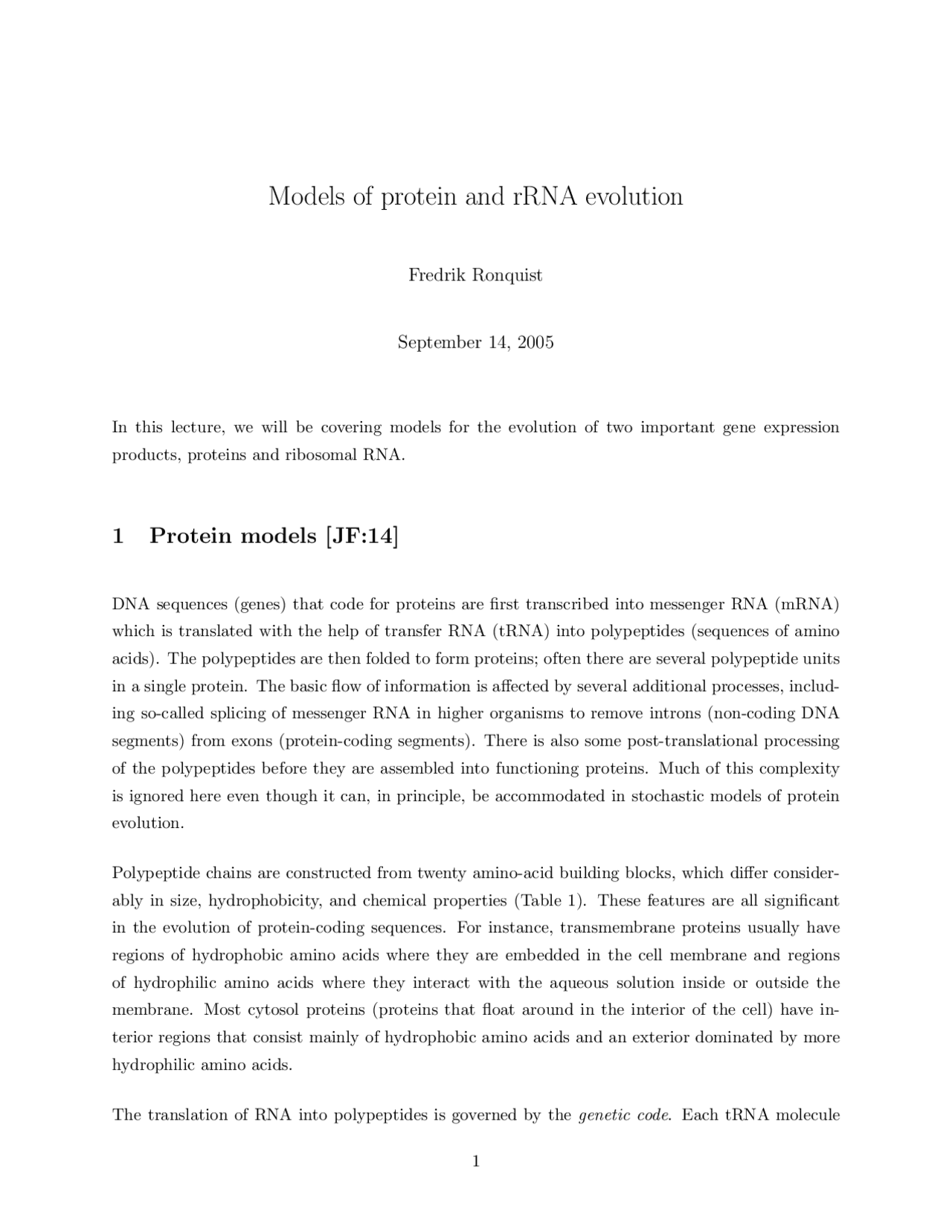 Models for Protein and Ribosomal RNA Evolution: Amino Acid and Codon ...