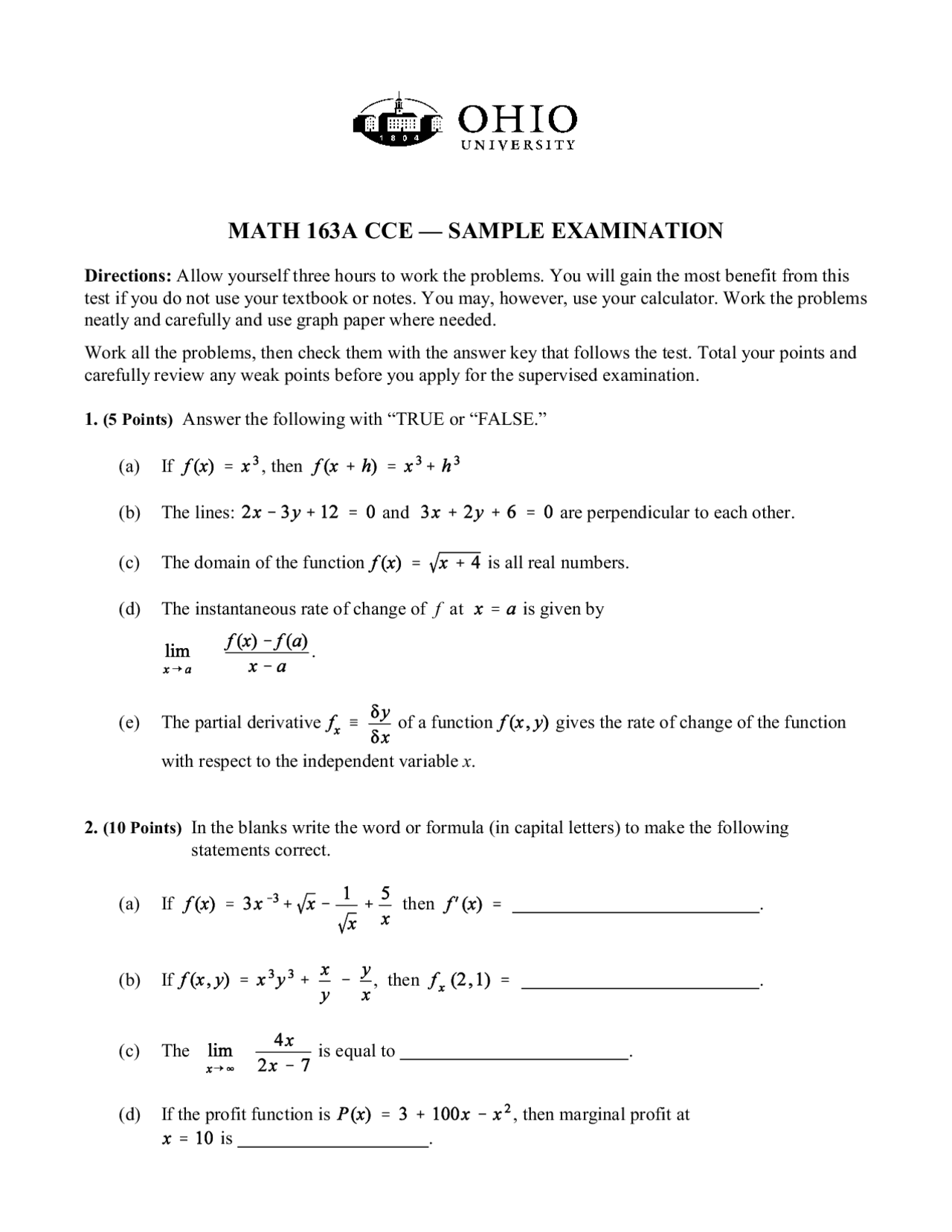 Sample Final Exam Solved - Introduction to Calculus I | MATH 163A - Docsity