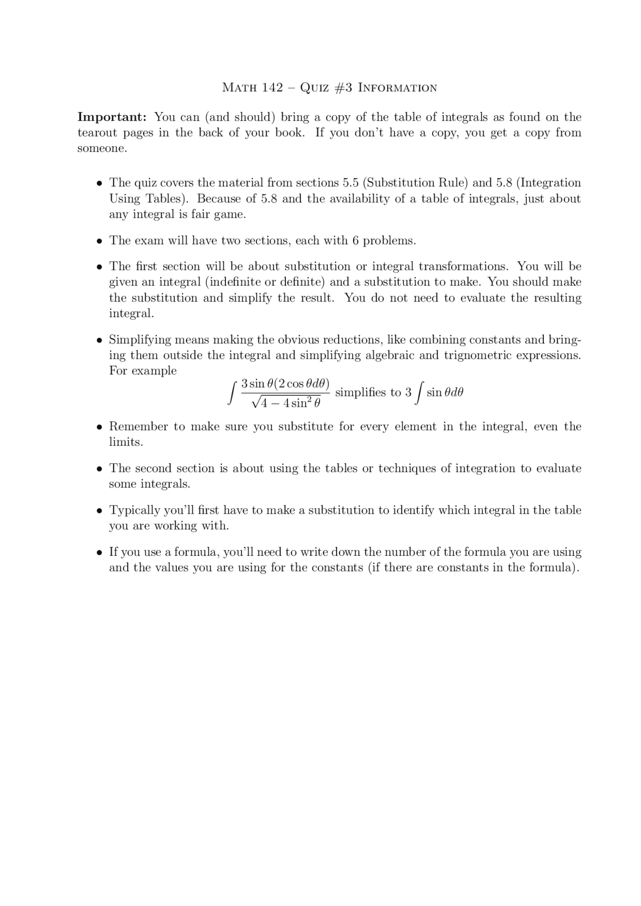 Quiz 3 with Information - Calculus II | MATH 142 - Docsity