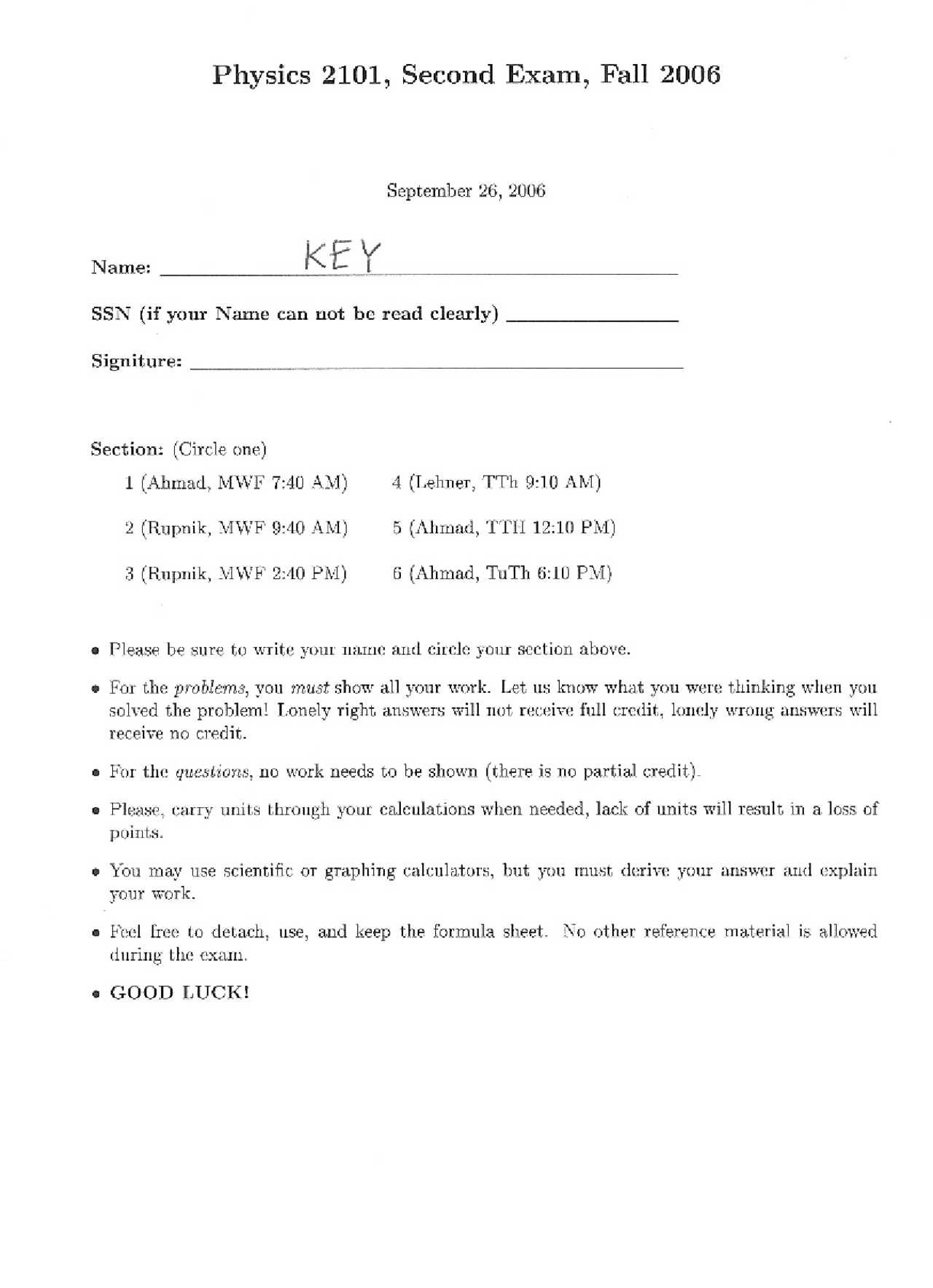 Solved Exam 2 for General Physics for Technical Students PHYS 2101 Solved Exam 2 for General Physics for Technical Students PHYS 2101