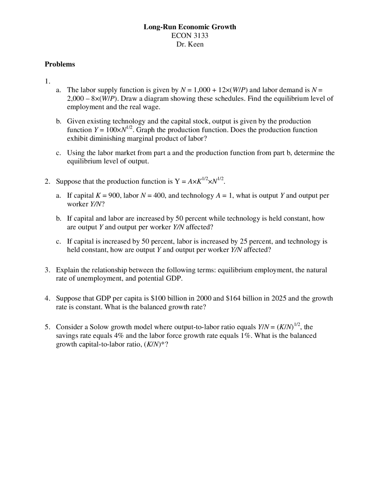 5 Problems on Long run Economic Growth - Homework | ECON 3133 ...