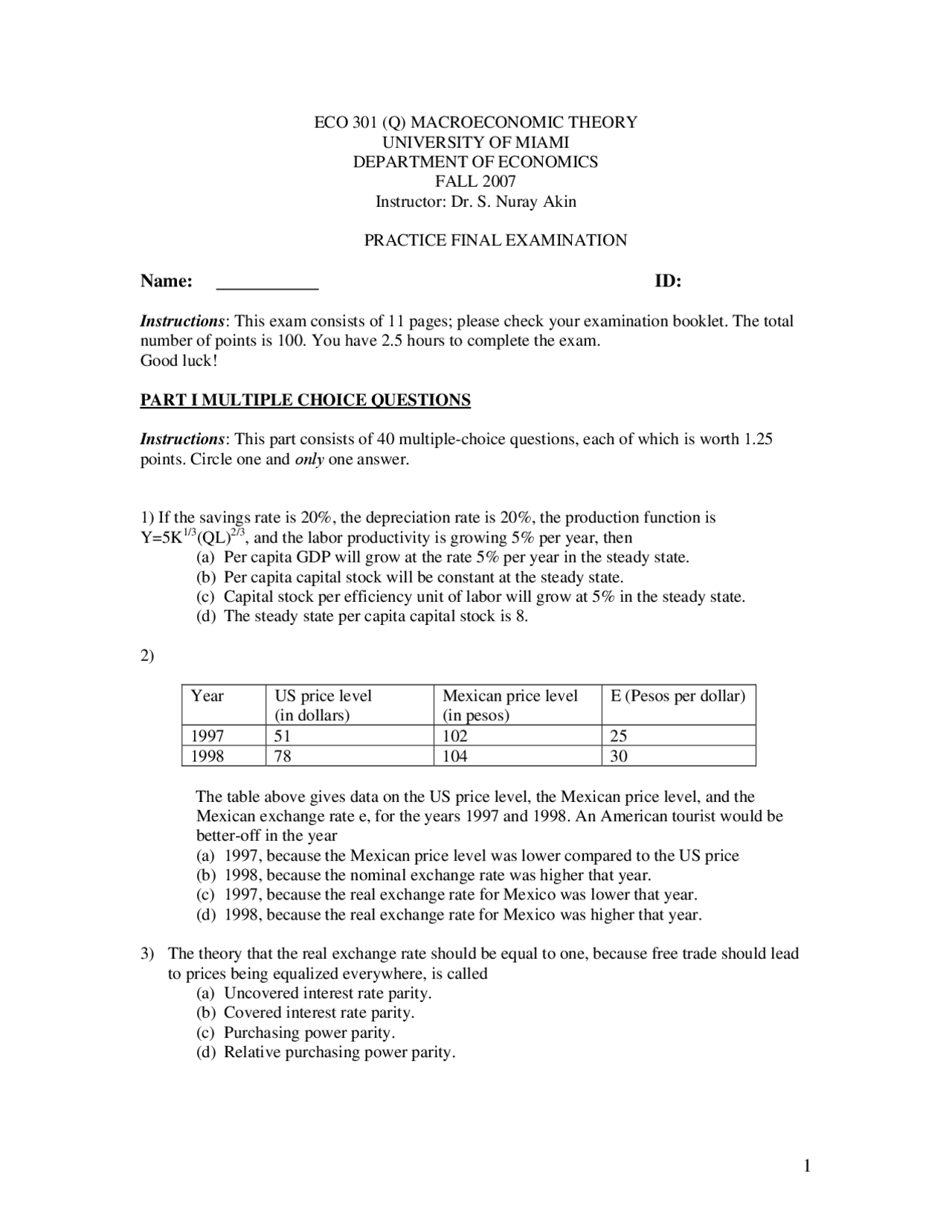 Practice Final Examination - Macroeconomic Theory | ECO 301 - Docsity