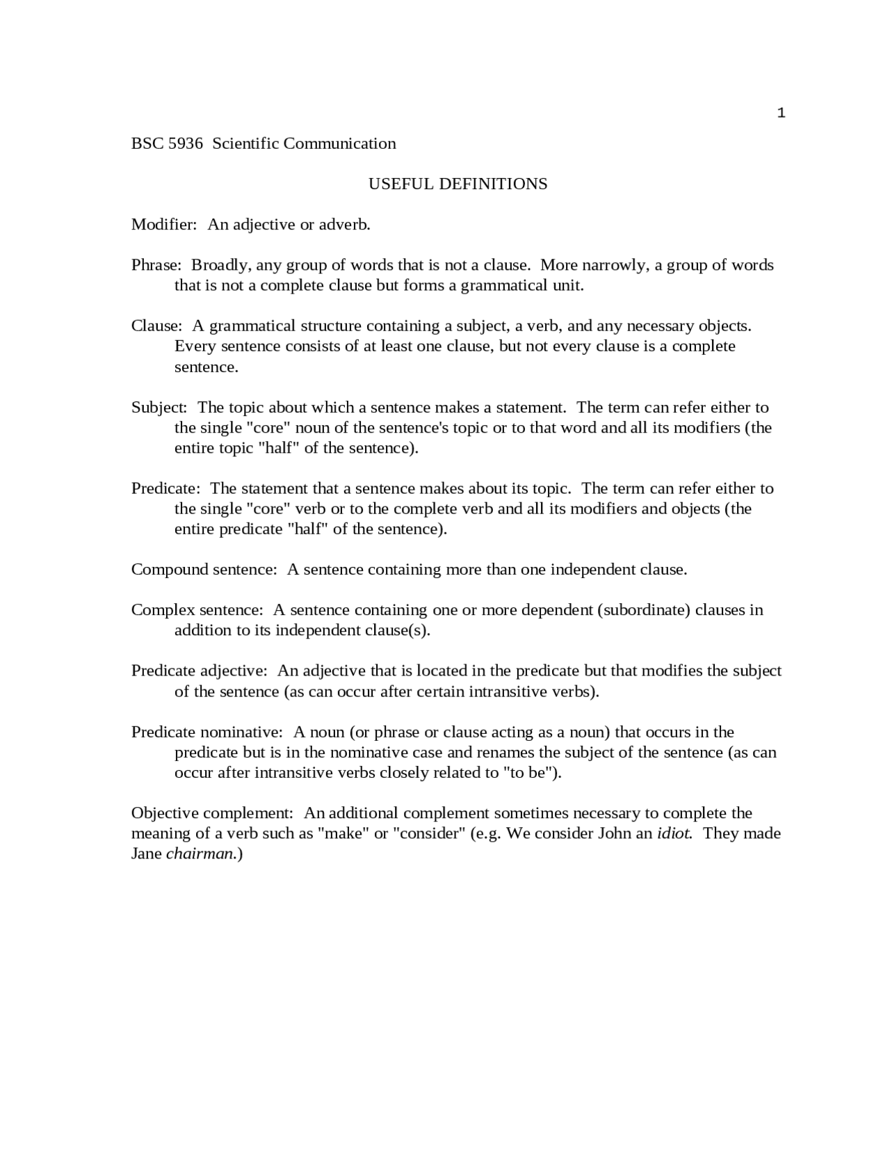 Modifier Phrase Clause Subject Useful Definitions Or Bsc 5936 Docsity