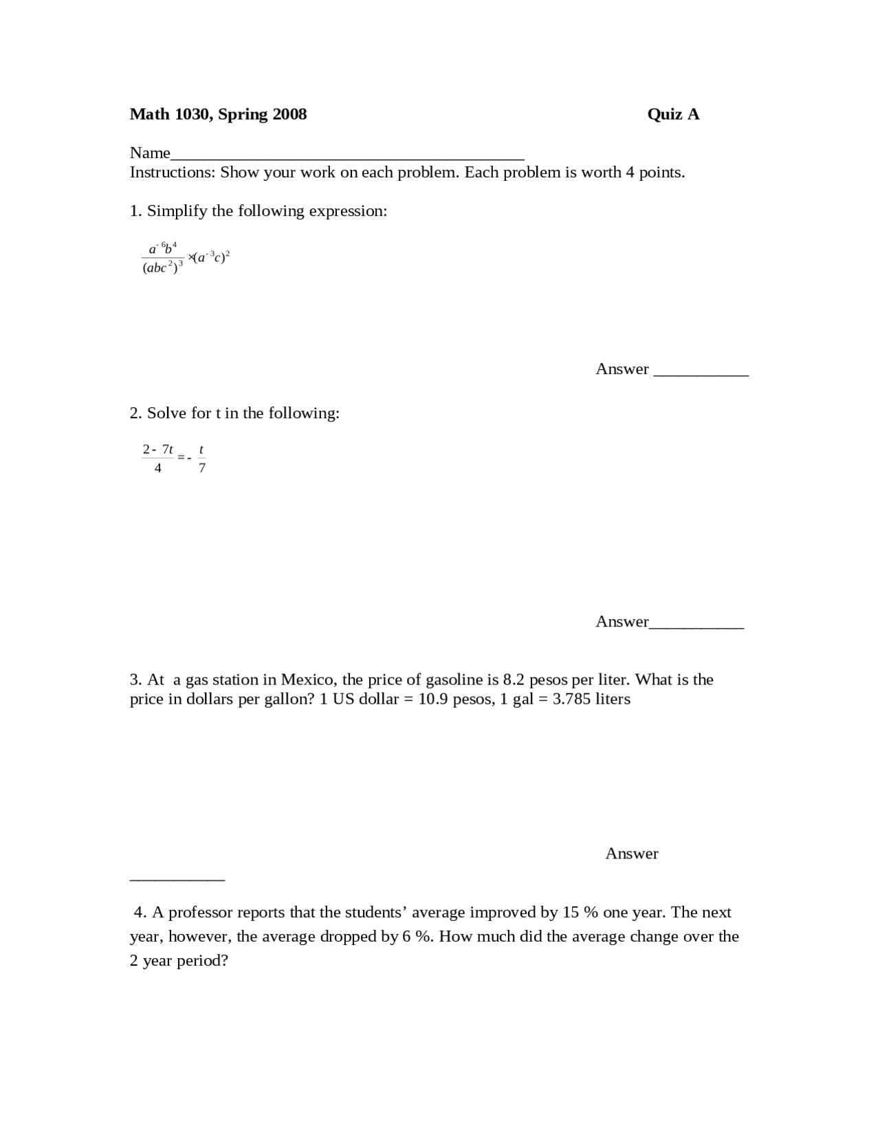 Sample Quiz A - Introduction to Quantitative Reasoning | MATH 1030 ...