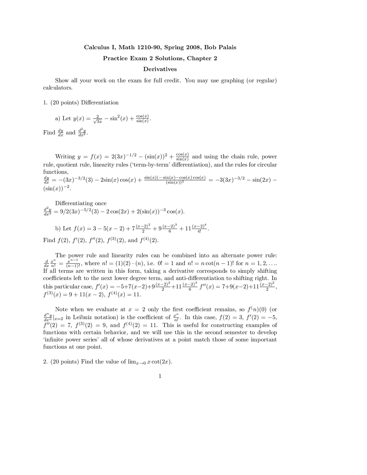 Practice Exam 2 Solutions - Spring 2008 - Calculus I | MATH 1210 - Docsity