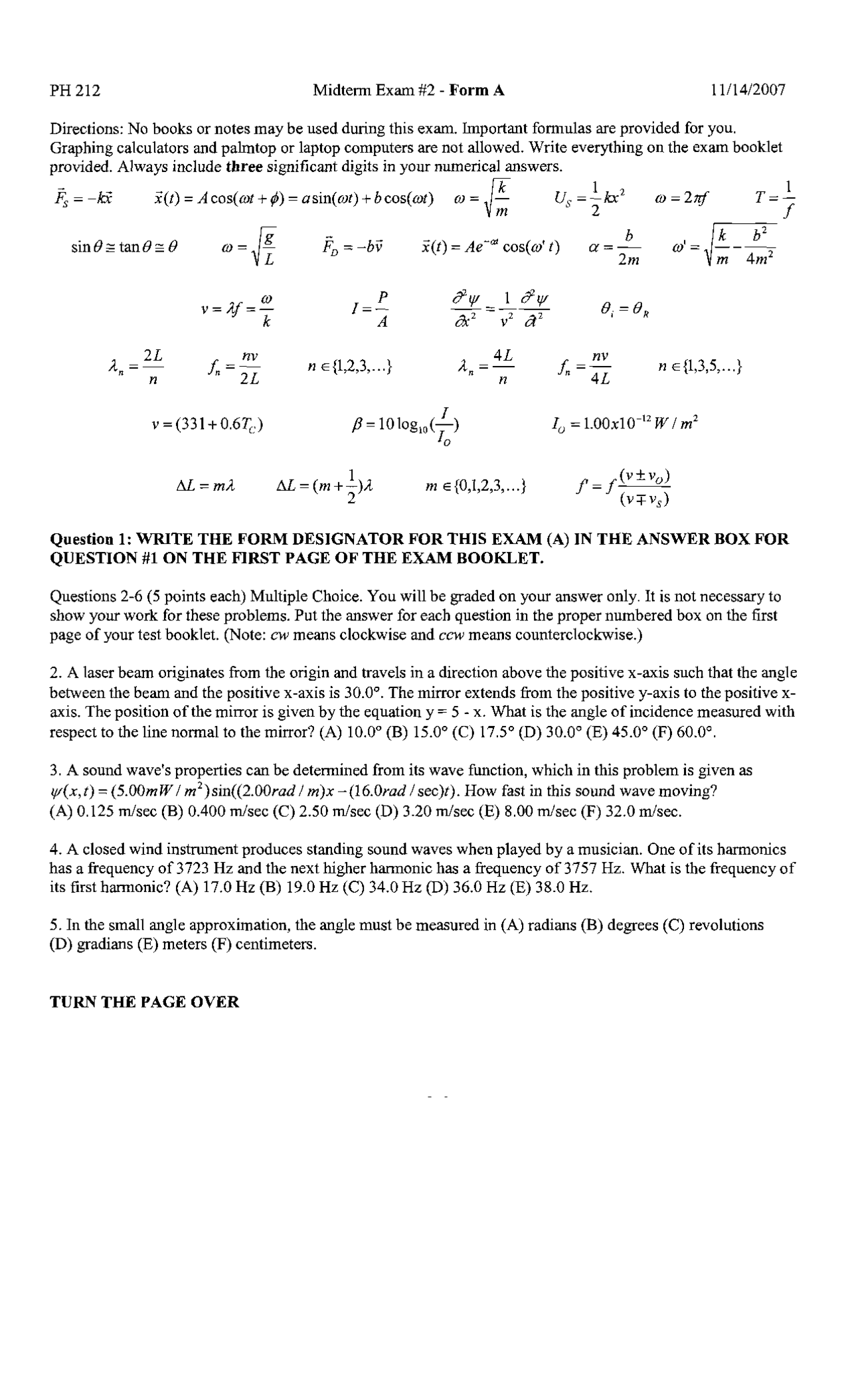 Midterm Exam 2 - Form A - General Physics with Calculus | PH 212 ...