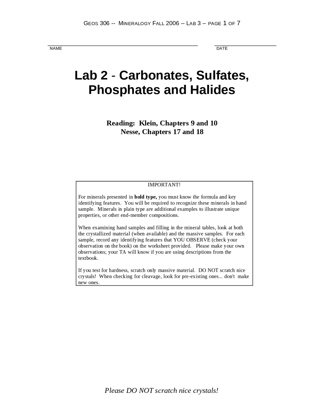 Carbonates Lab Notebook Lab 2 - Carbonates, Sulfates, Phosphates and Halides | GEOS 306 - Docsity